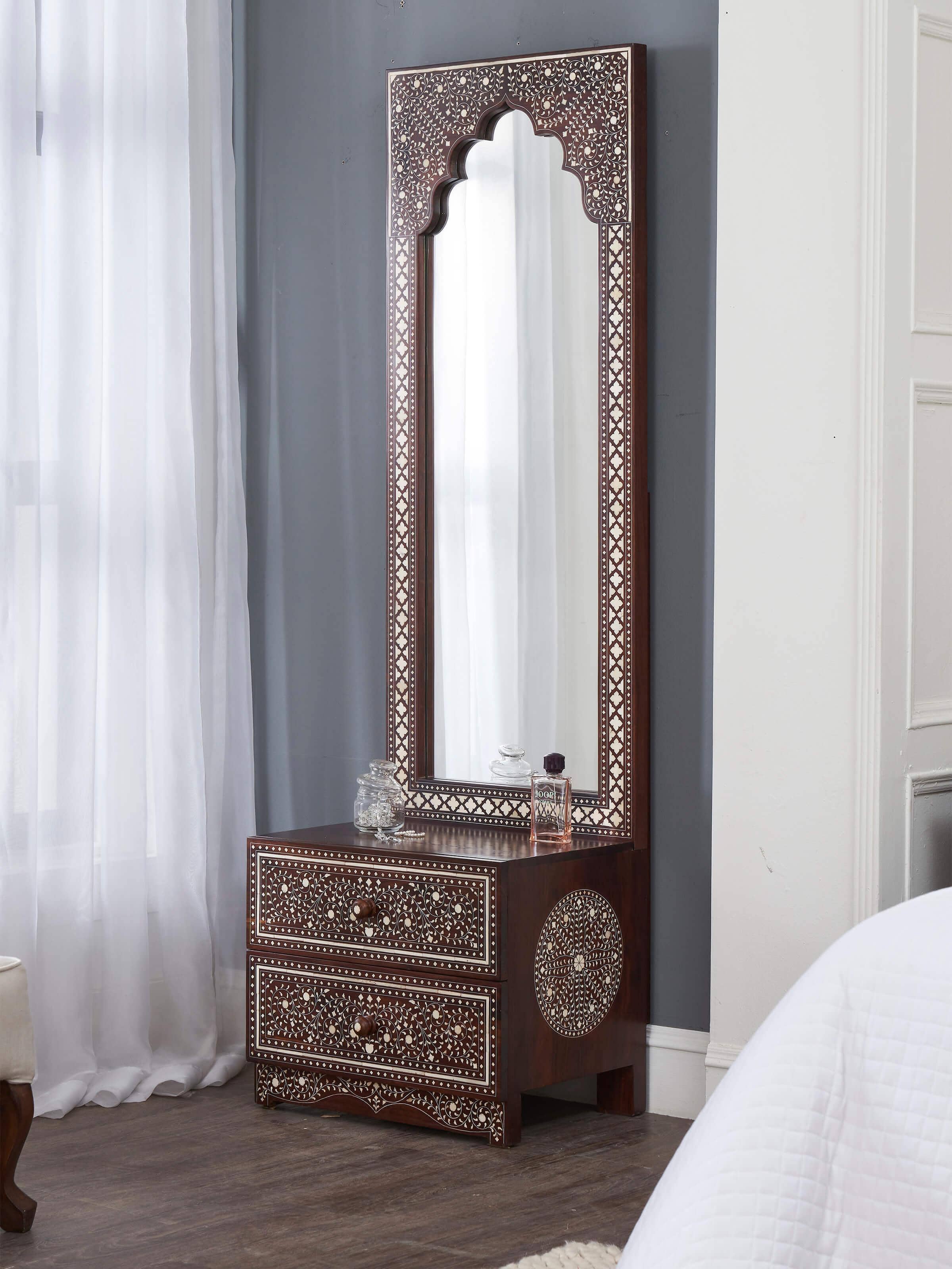 Side view of Sheesham wood & bone inlaid dressing table (2 drawers) highlighting elegant craftsmanship