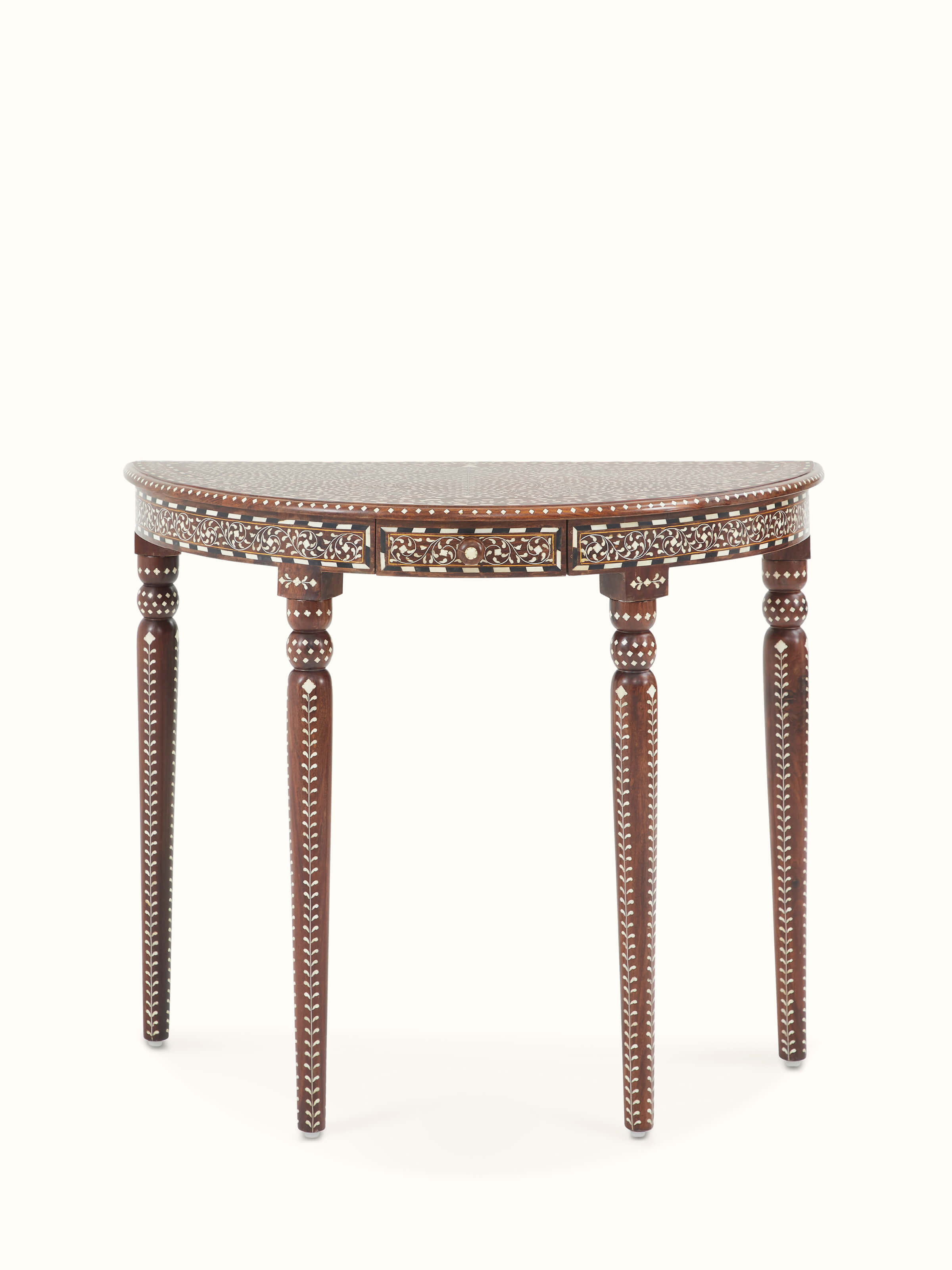 Detailed close-up of the Sheesham wood and bone inlay on the dressing table’s semicircular console