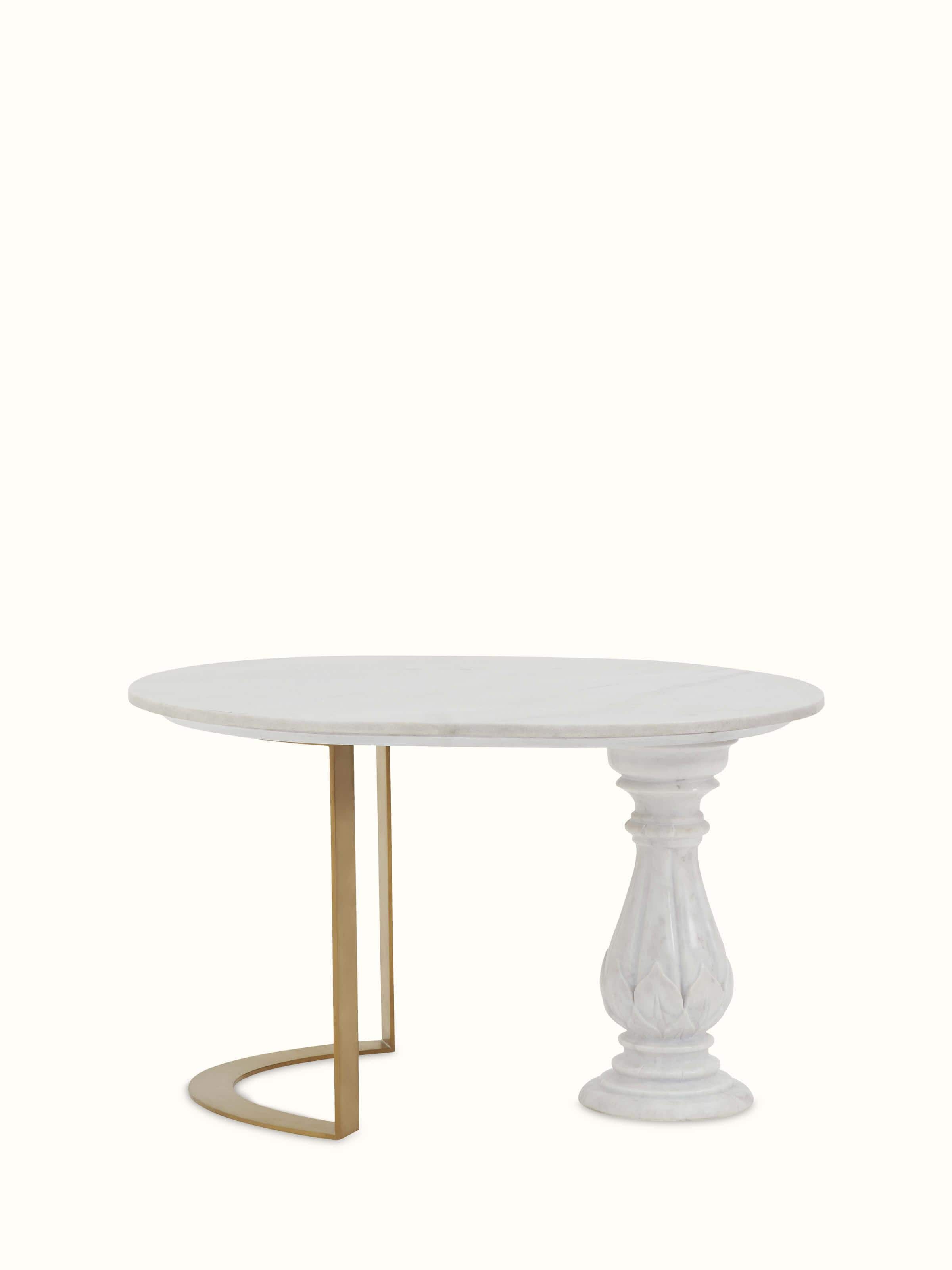 Front view of Carved Metal & Marble Top Coffee Table highlighting the detailed metalwork and elegant marble top