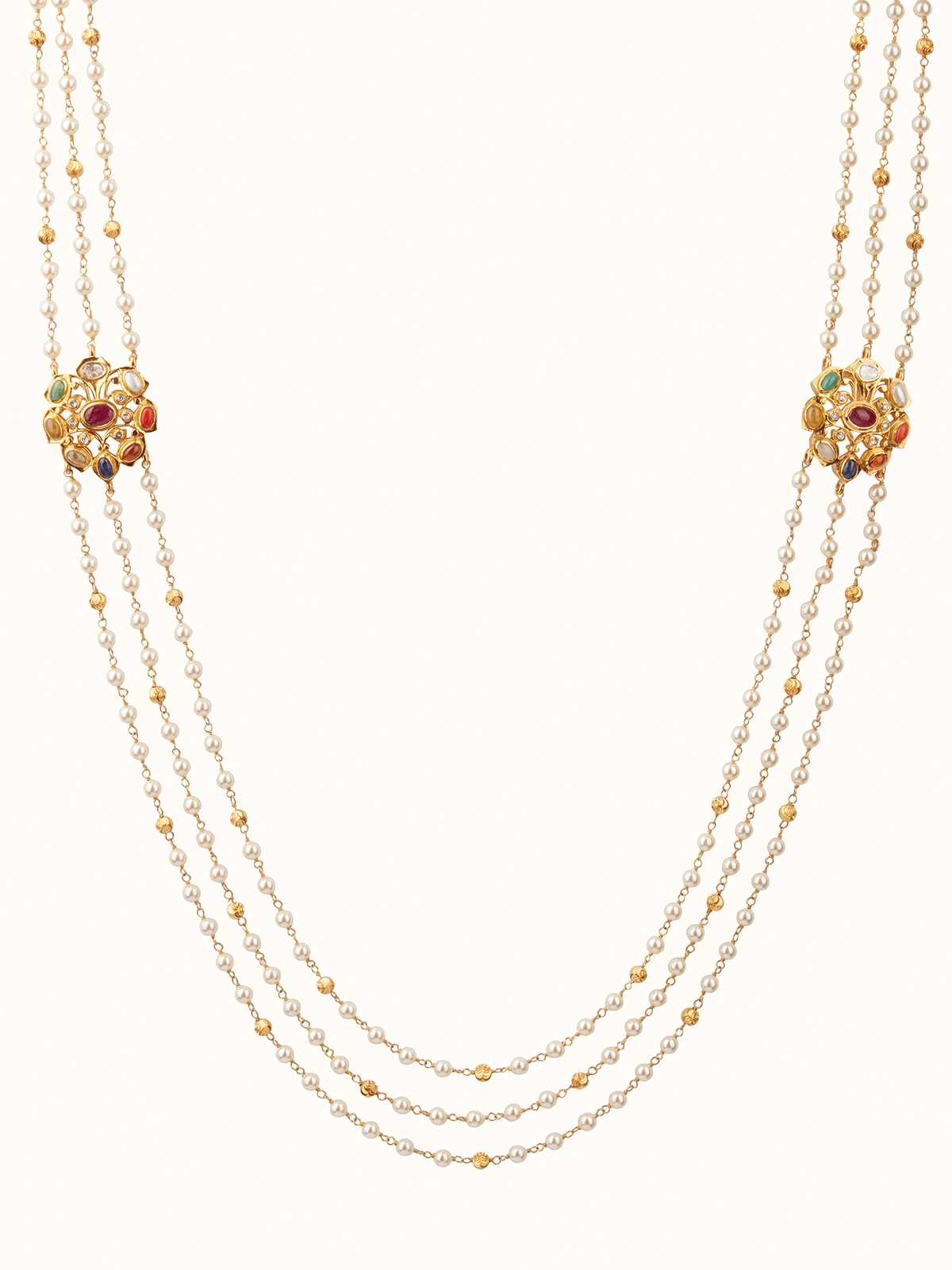 Front view of Navratna silver pendant & chain showcasing multicolored gemstones