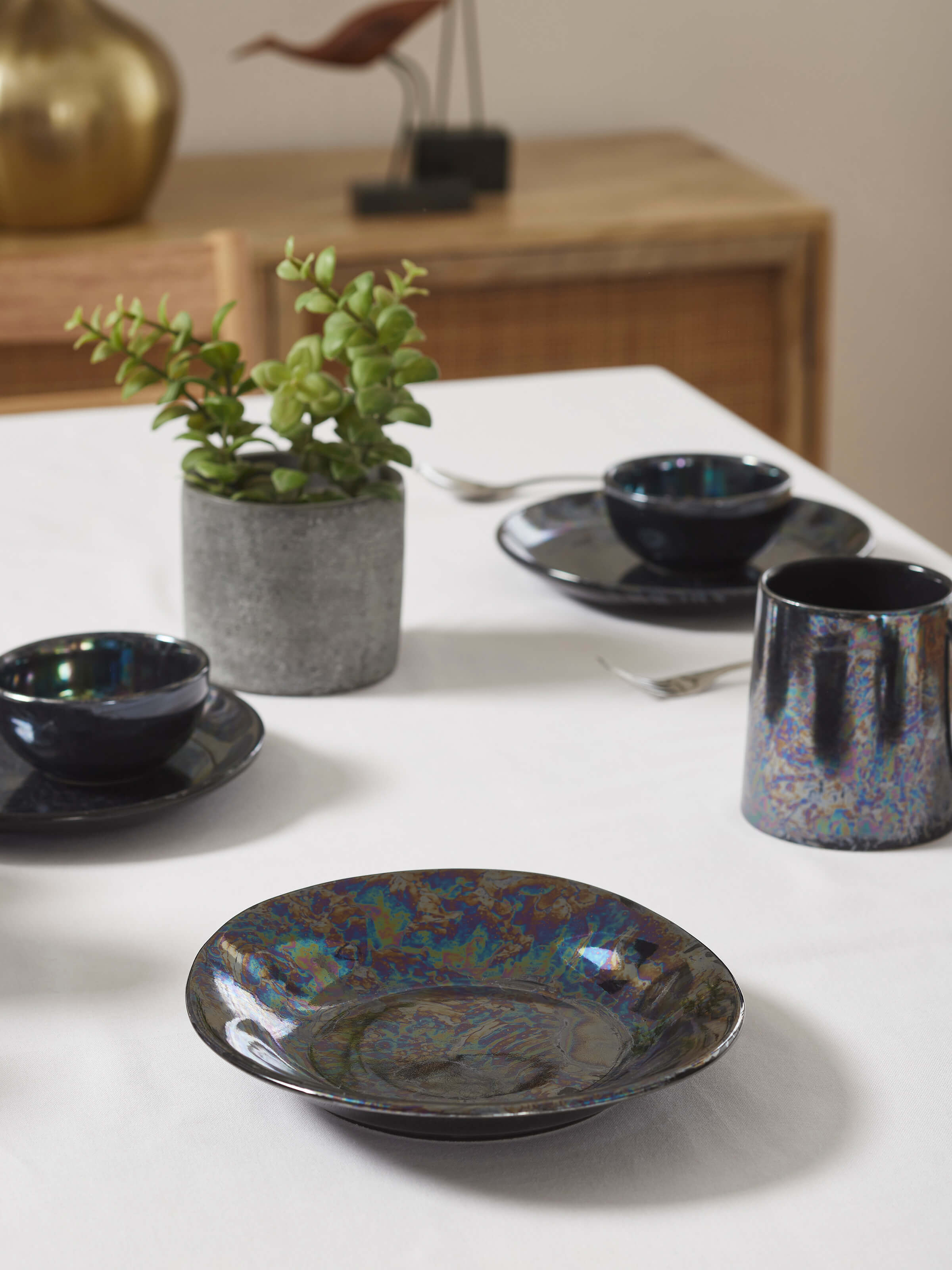 Side view of Khurja Pottery Ceramic Pasta Plate emphasizing its elegant shape