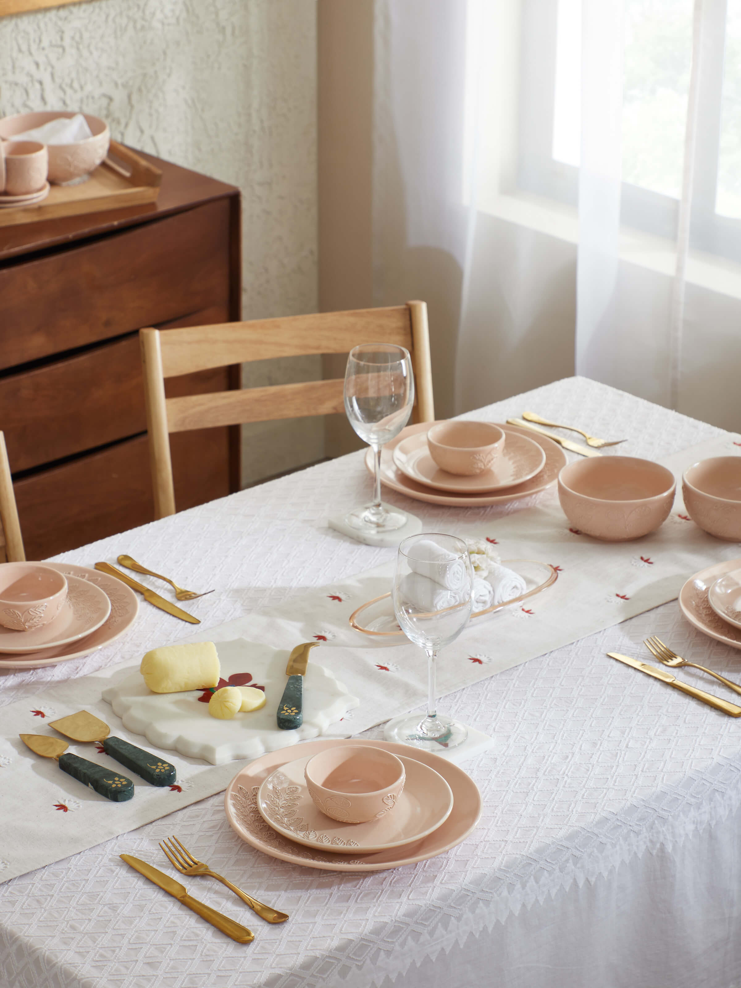 Close-up of Khurja Pottery Ceramic Dinner Plates in Pink, highlighting the detailed patterns and smooth finish