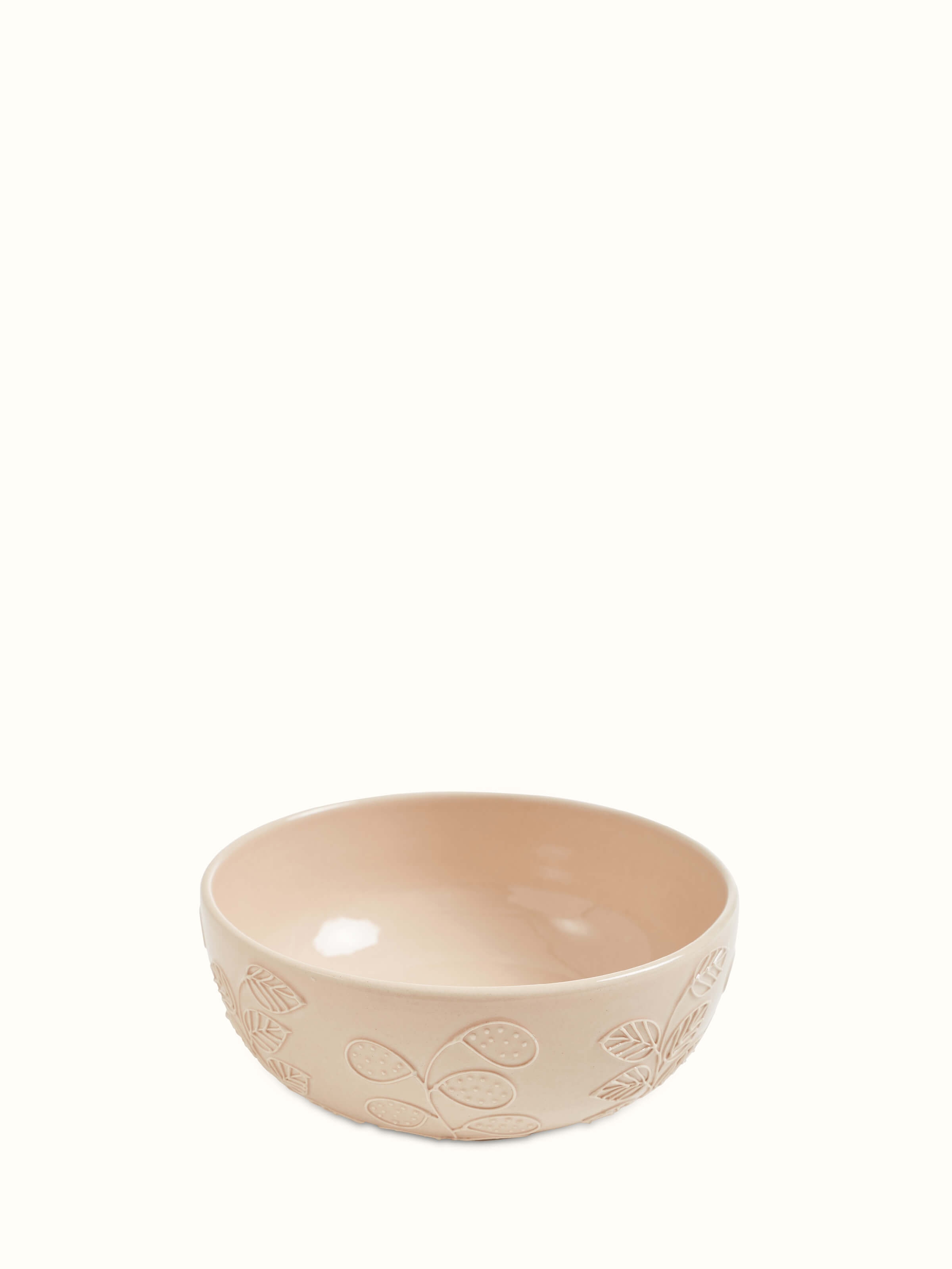 Front view of Khurja pottery ceramic serving bowl in pink showcasing smooth finish and design.