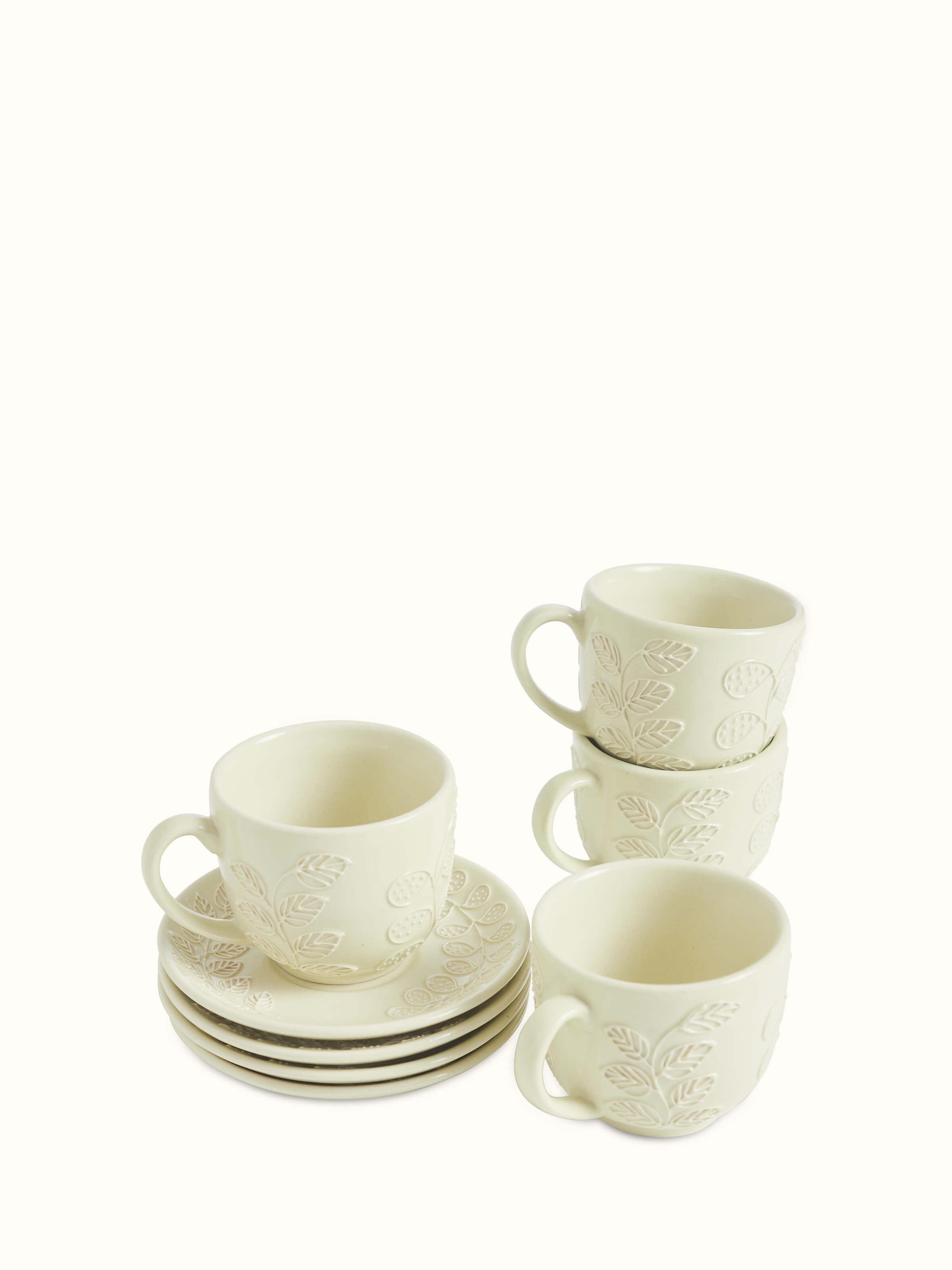 Front view of Khurja pottery ceramic teacup & saucer set (4 pcs) in a beautiful arrangement