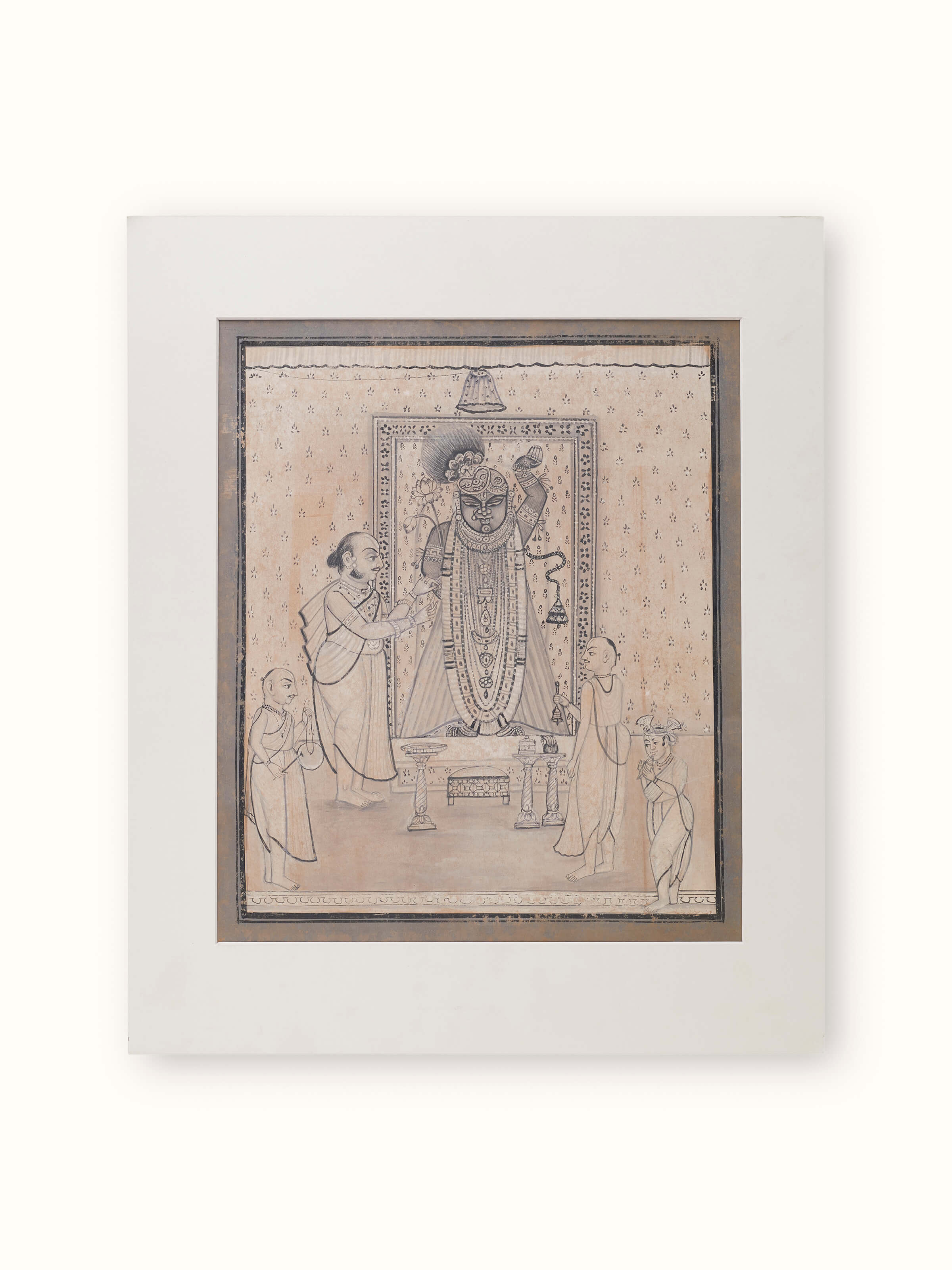 Front view of Pichwai Shreenathji with Worshippers Painting showcasing detailed artwork and religious theme.