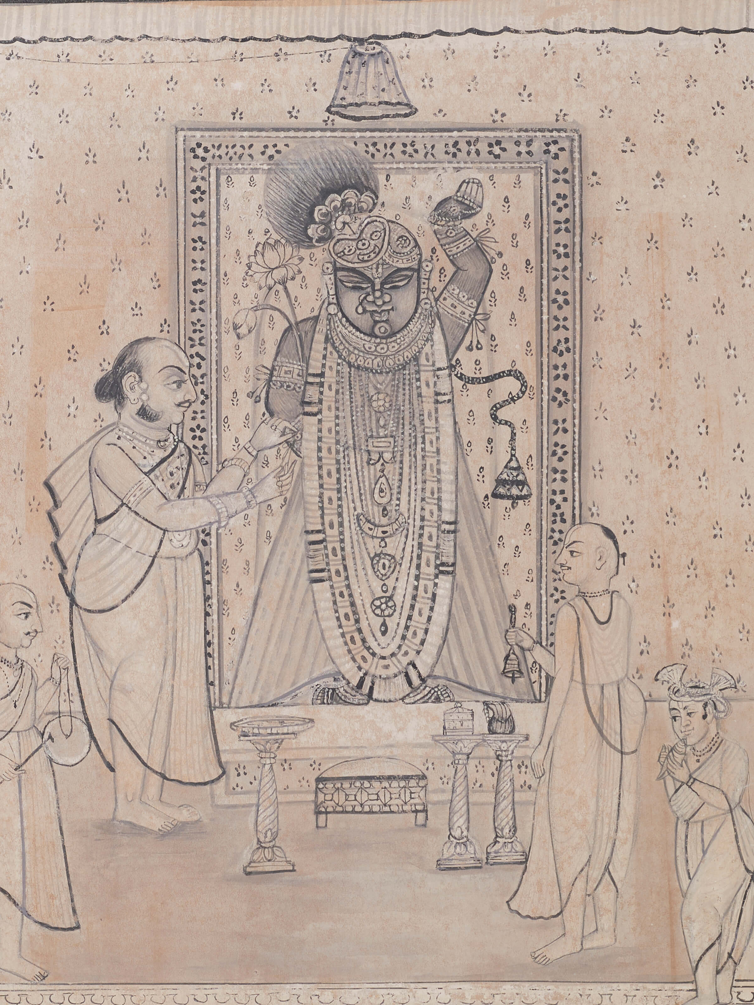 Close-up detail of Pichwai Shreenathji with Worshippers Painting focusing on the intricate painting details.