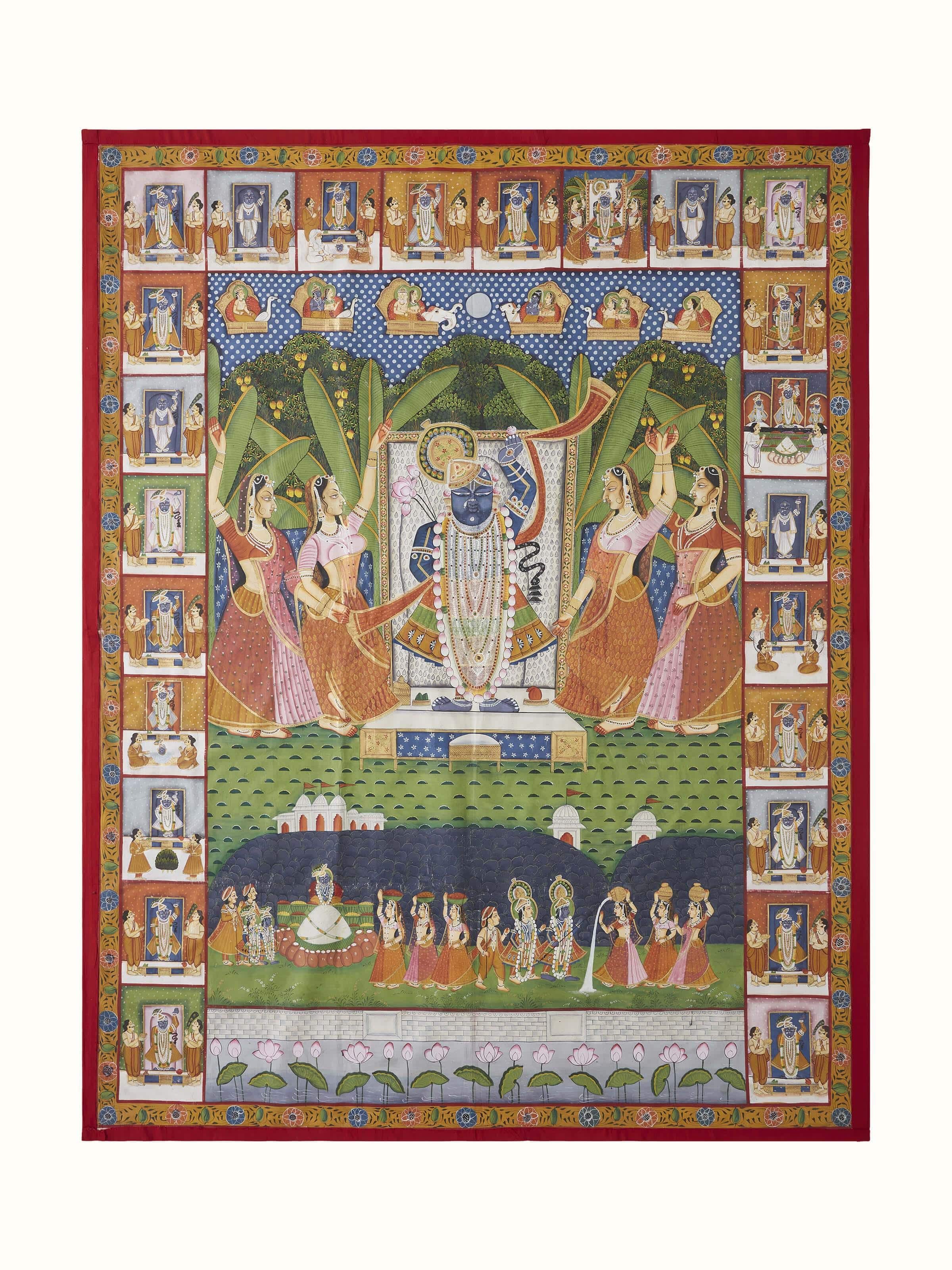 Front view of Pichwai Sharat Poornima painting with gopis and 24 darshan, showcasing vibrant colors and traditional design.