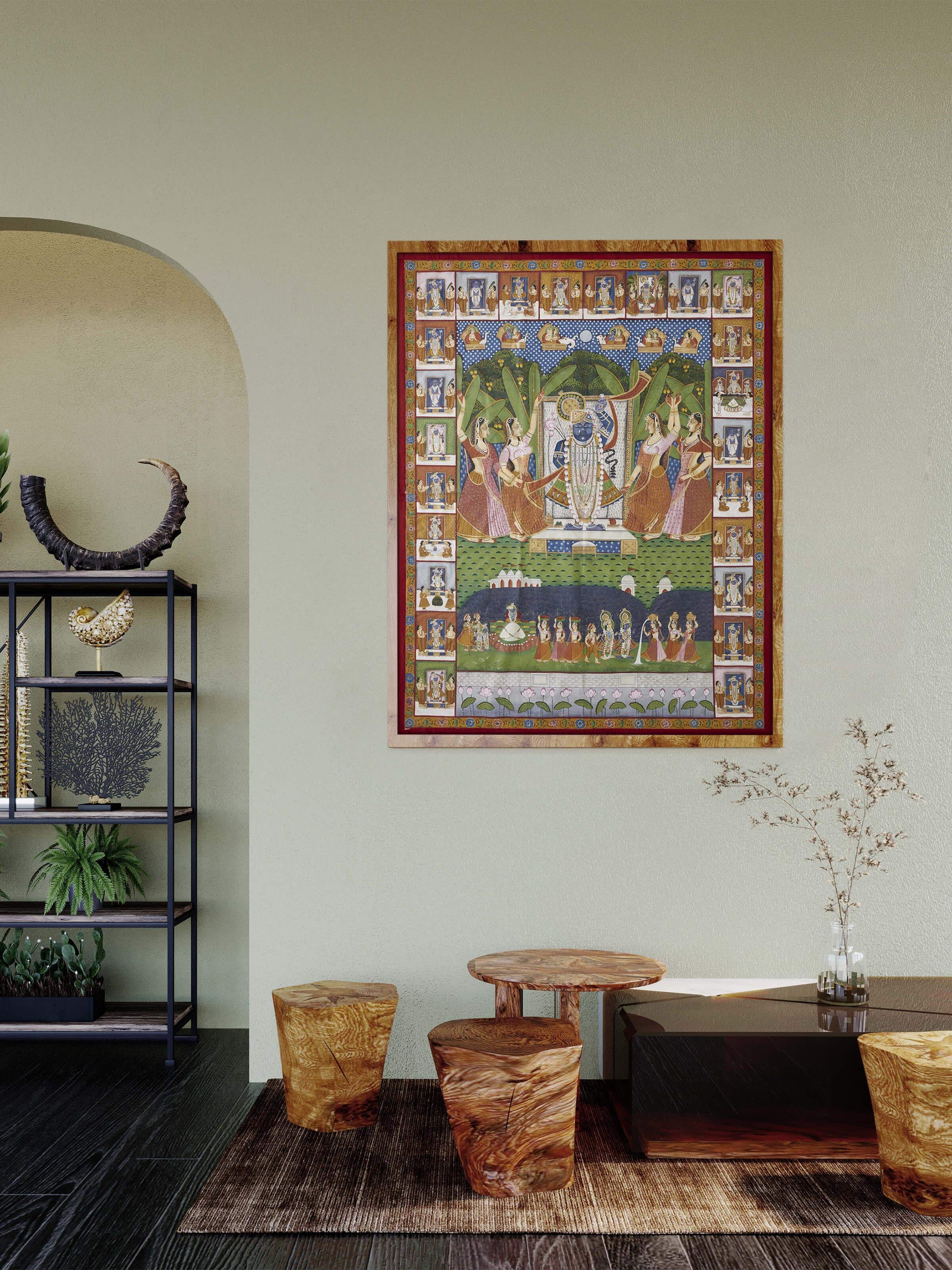 Close-up of Pichwai Sharat Poornima painting, highlighting intricate details and artistic elements.