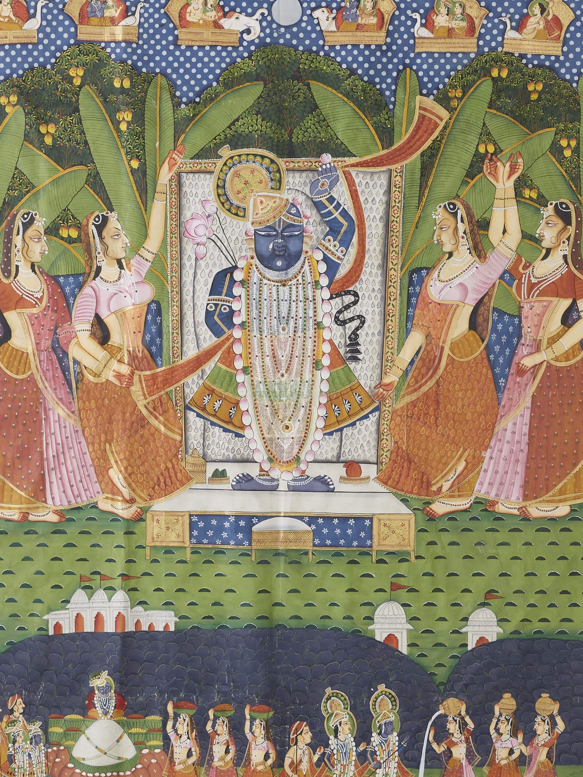 Detailed view of Pichwai Sharat Poornima painting, showcasing traditional artwork and vivid colors.