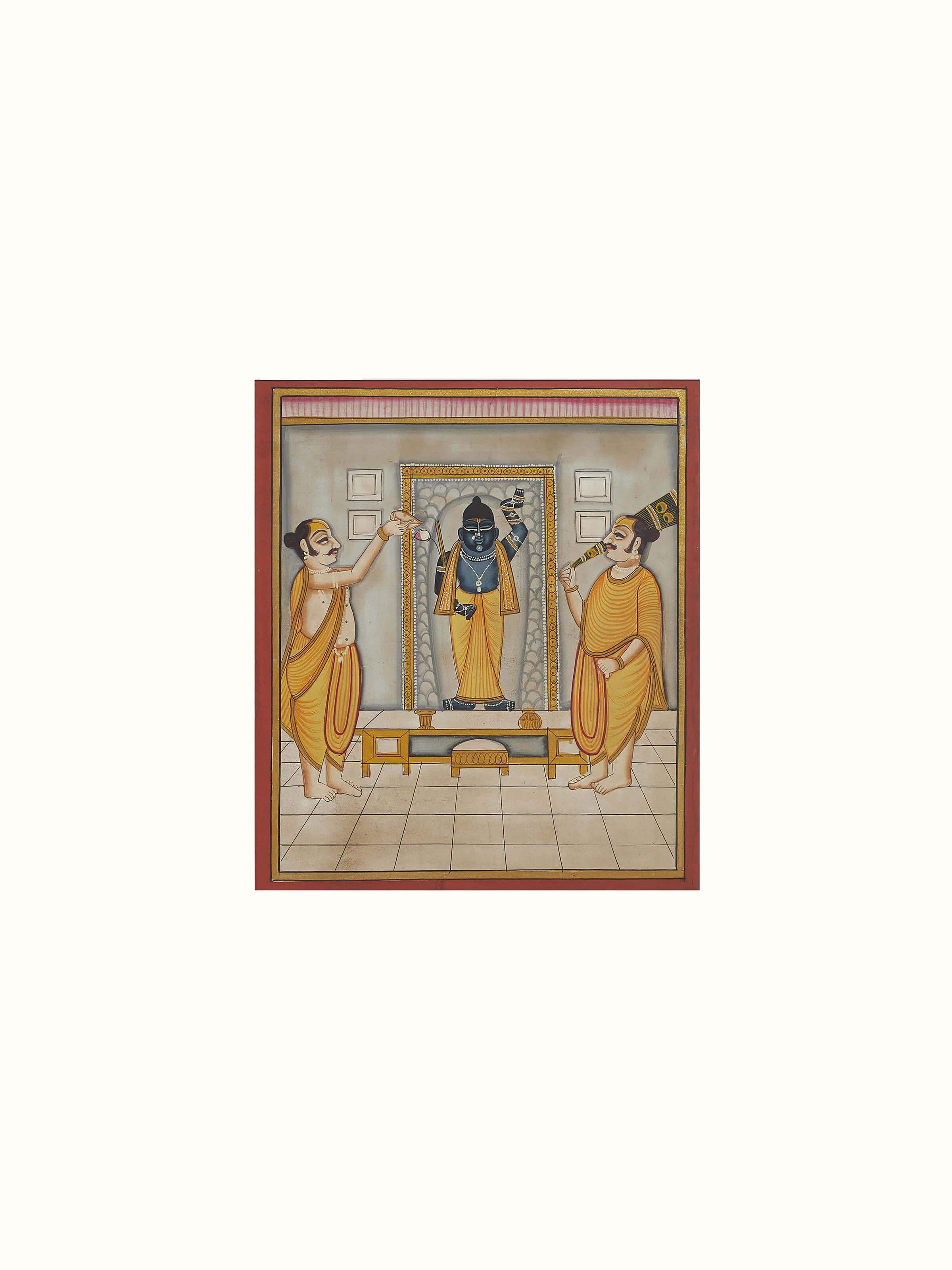 Detailed view of Pichwai Shreenathji & priests painting depicting vibrant colors and intricate patterns.