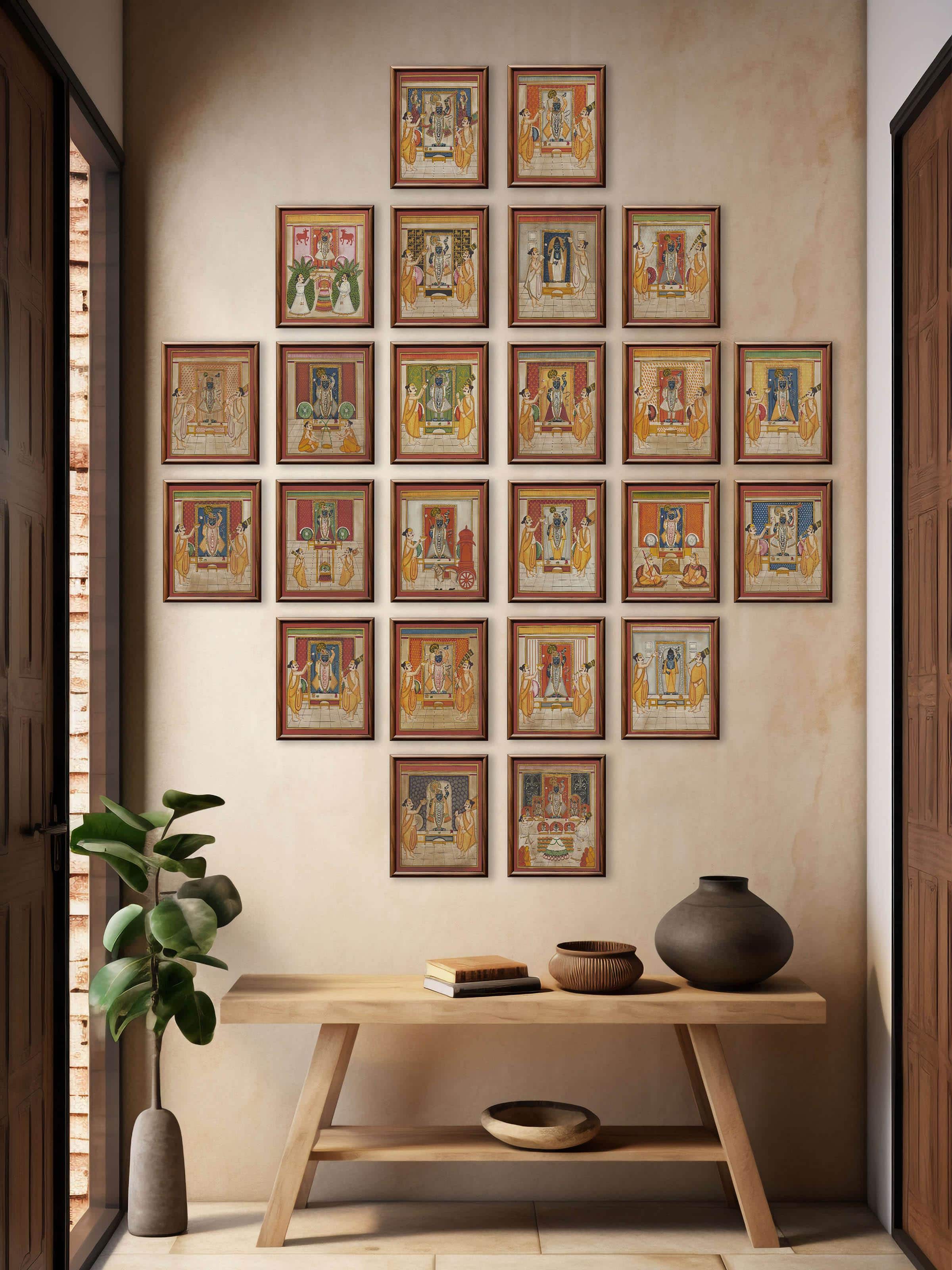 Full view of Pichwai Shreenathji & priests painting showing traditional artwork with Shreenathji and priests.