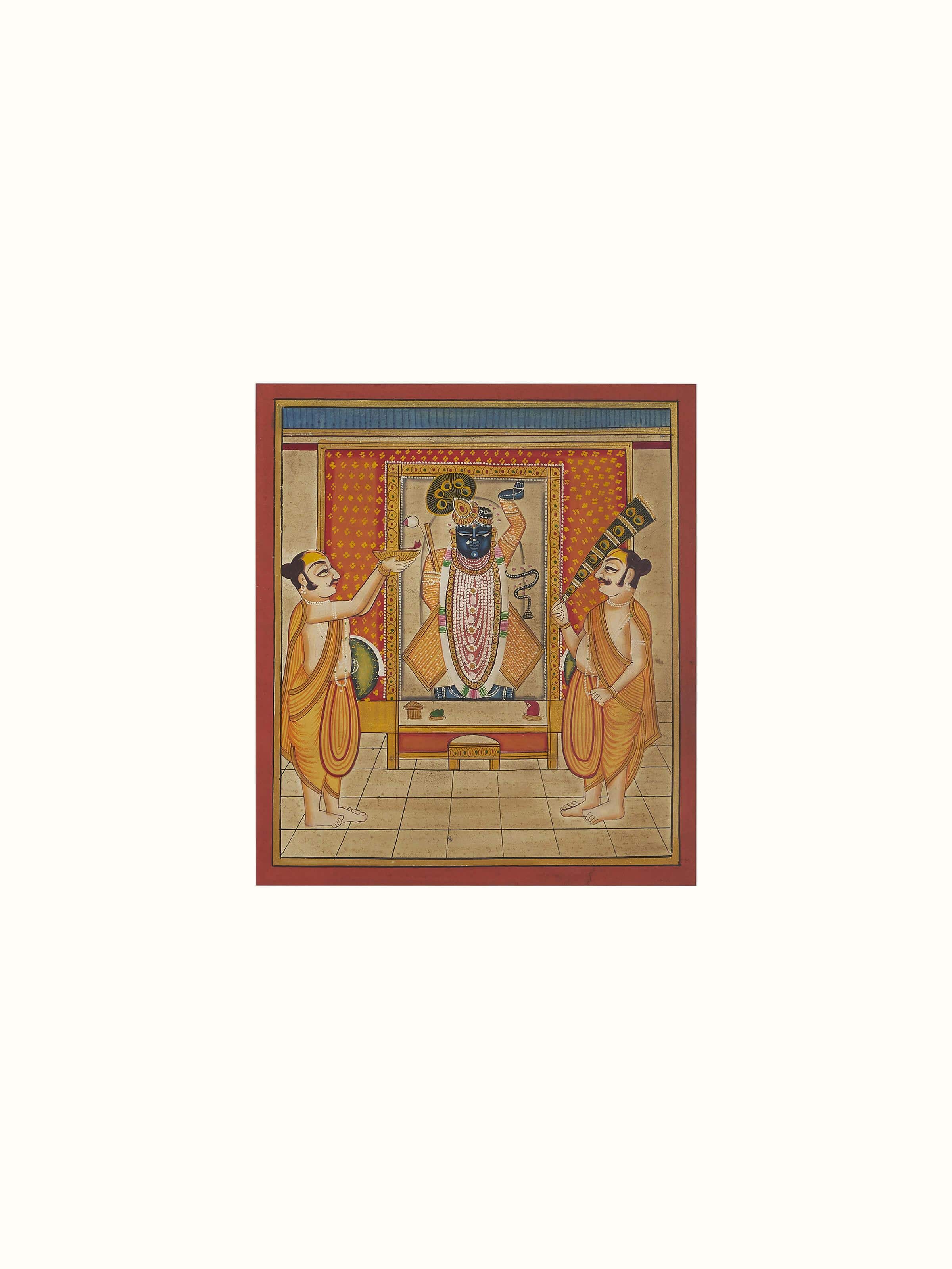 Detailed view of Pichwai Shreenathji & priests painting highlighting traditional craftsmanship and colors.