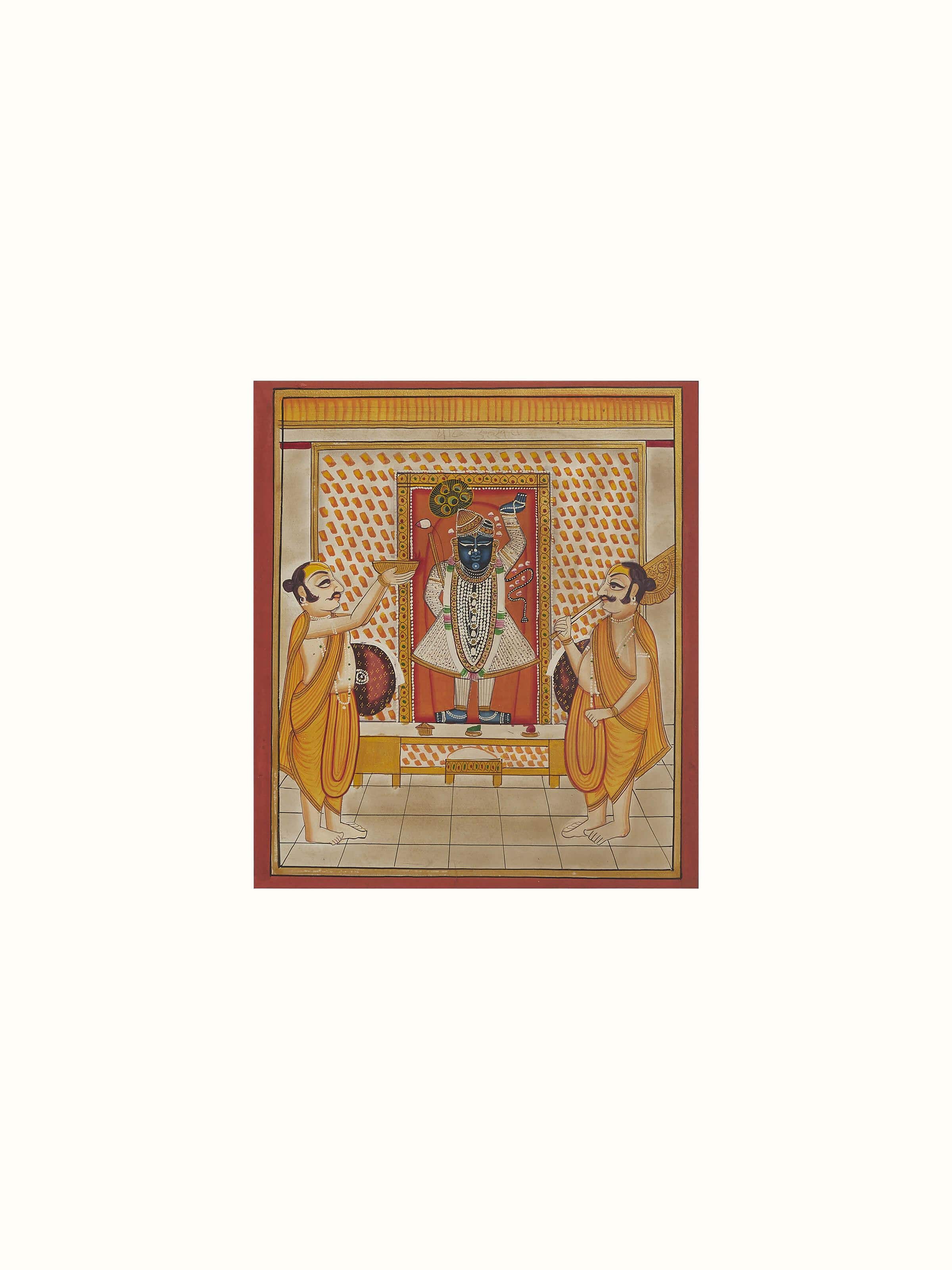 Full view of Pichwai Shreenathji & priests painting capturing the intricate details of the artwork.