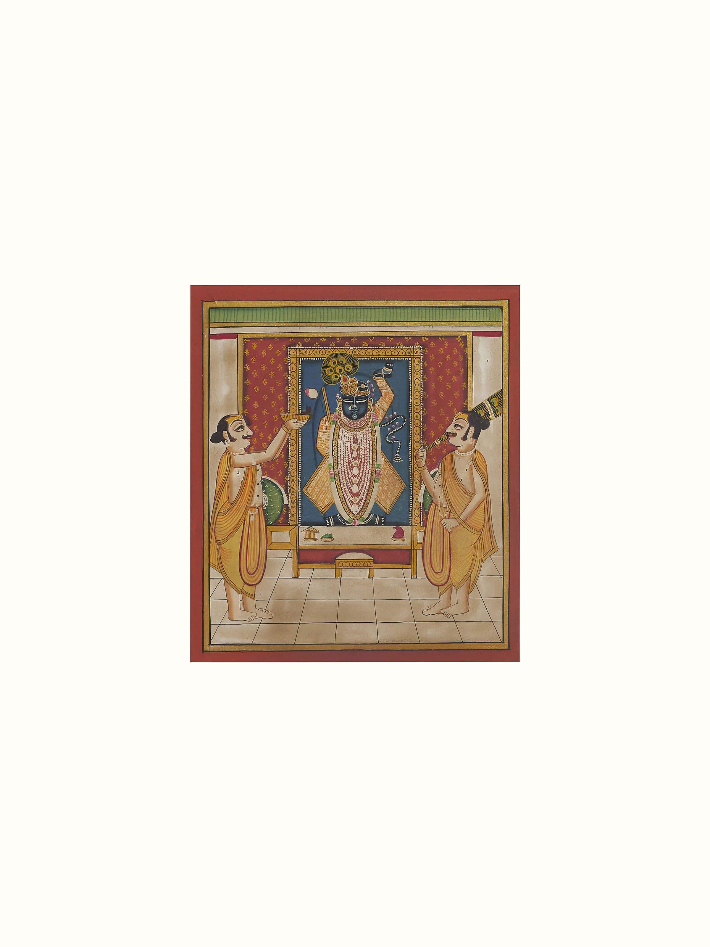 Close-up of Pichwai Shreenathji & priests painting emphasizing the detailed facial expressions and attire.