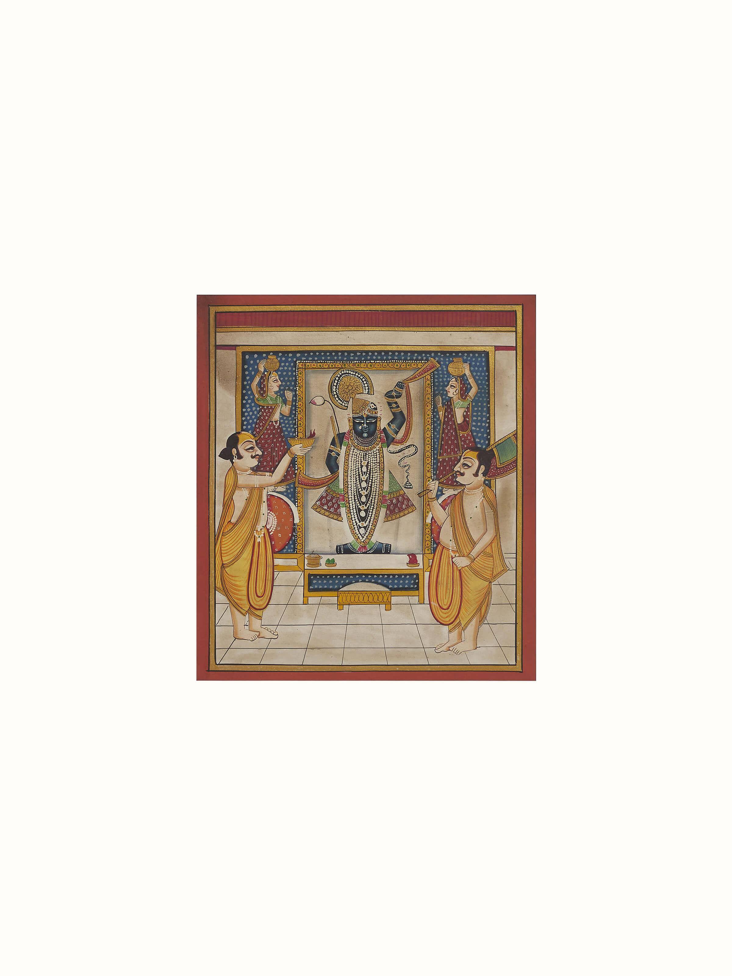 Detailed angle view of Pichwai Shreenathji & priests painting highlighting the traditional patterns and colors.