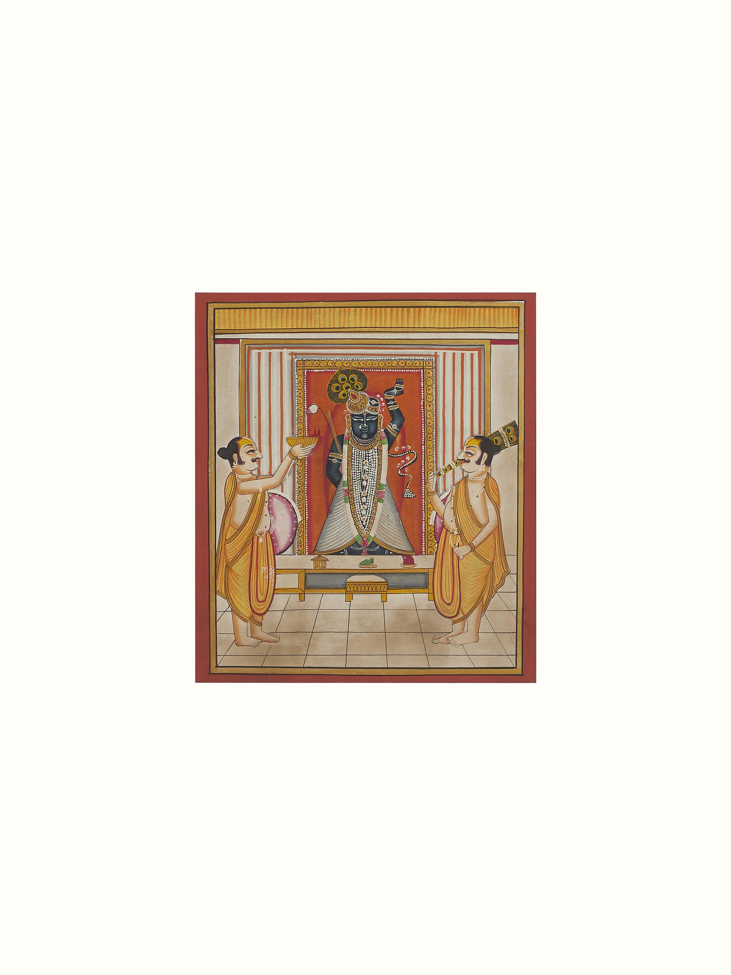 Close-up of Pichwai Shreenathji & priests painting showcasing fine details and artistic elements.