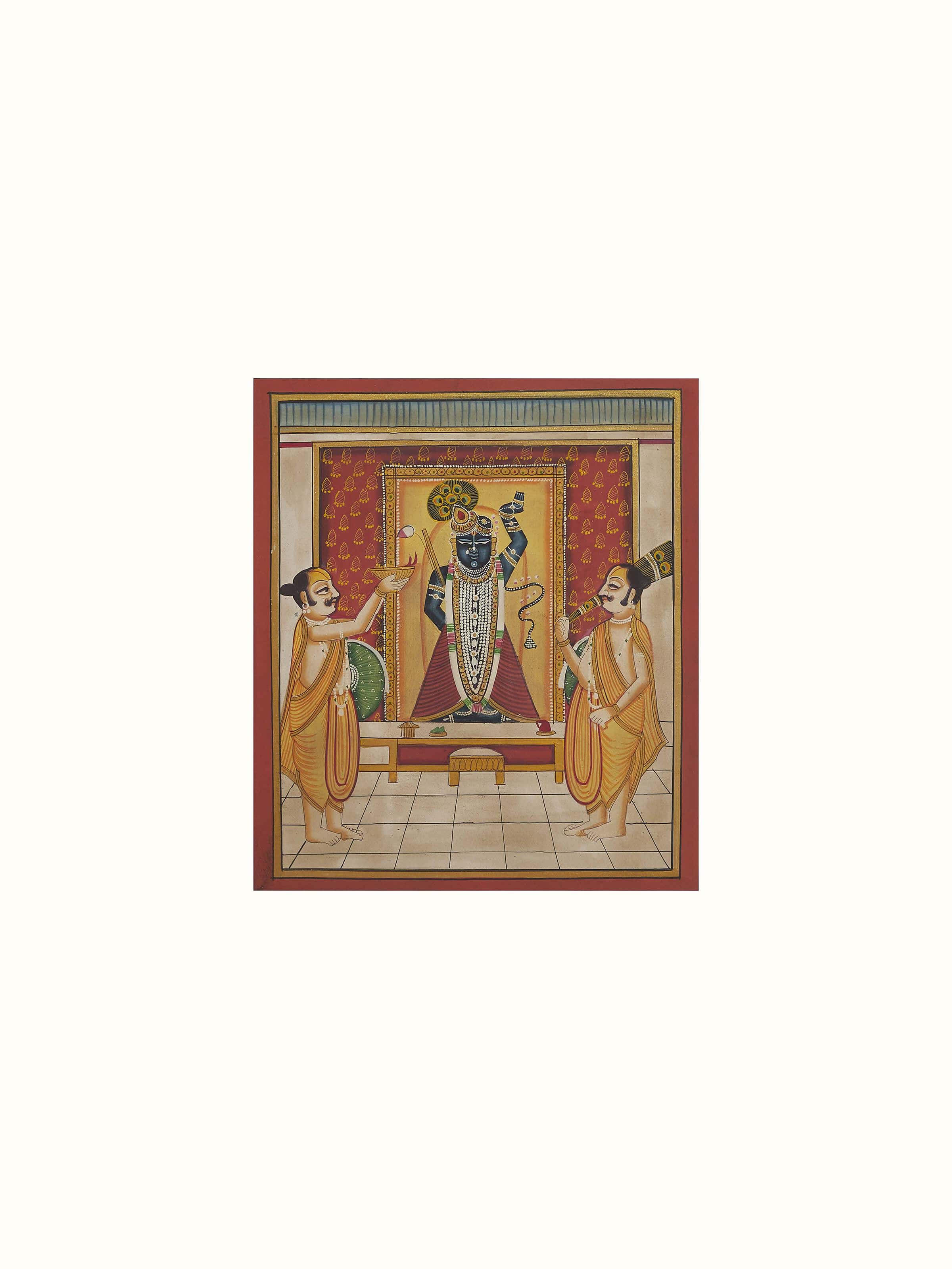 Full view of Pichwai Shreenathji & priests painting capturing the traditional depiction of Shreenathji with priests.