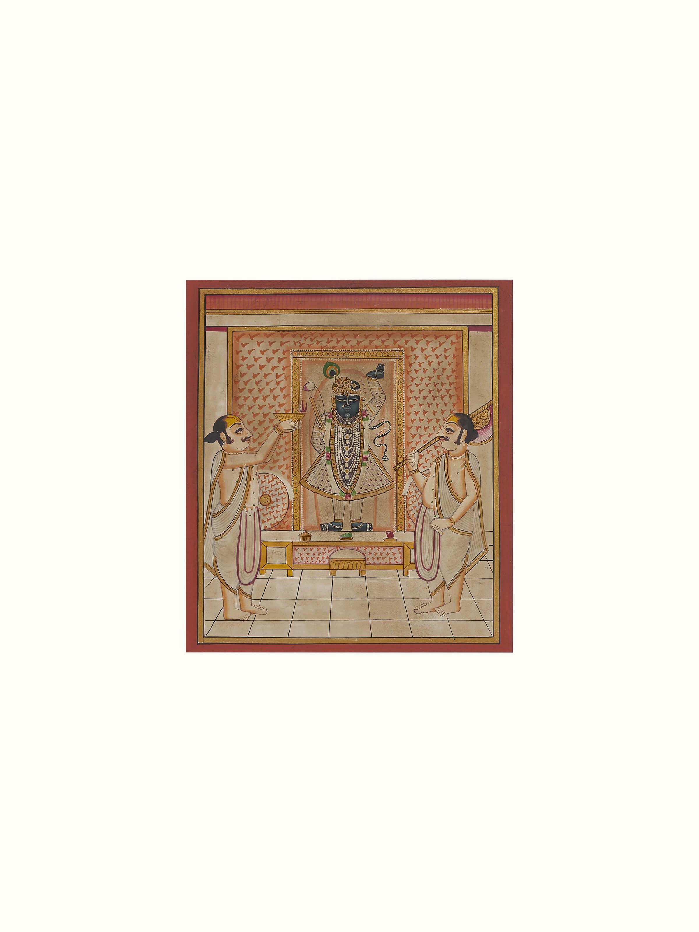 Close-up view of Pichwai Shreenathji & priests painting focusing on intricate details and vibrant colors.