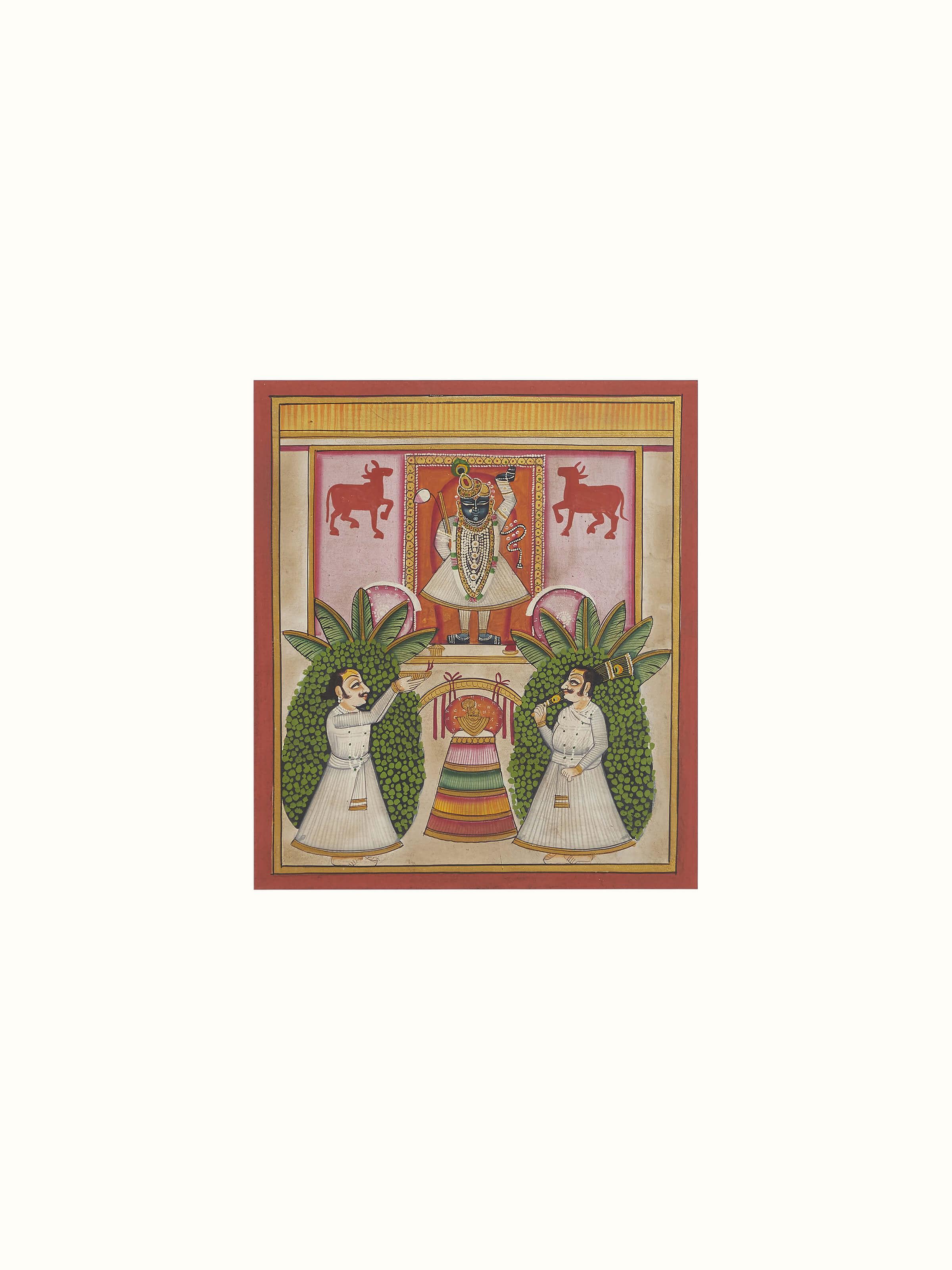 Detailed shot of Pichwai Shreenathji & priests painting with emphasis on traditional motifs and patterns.