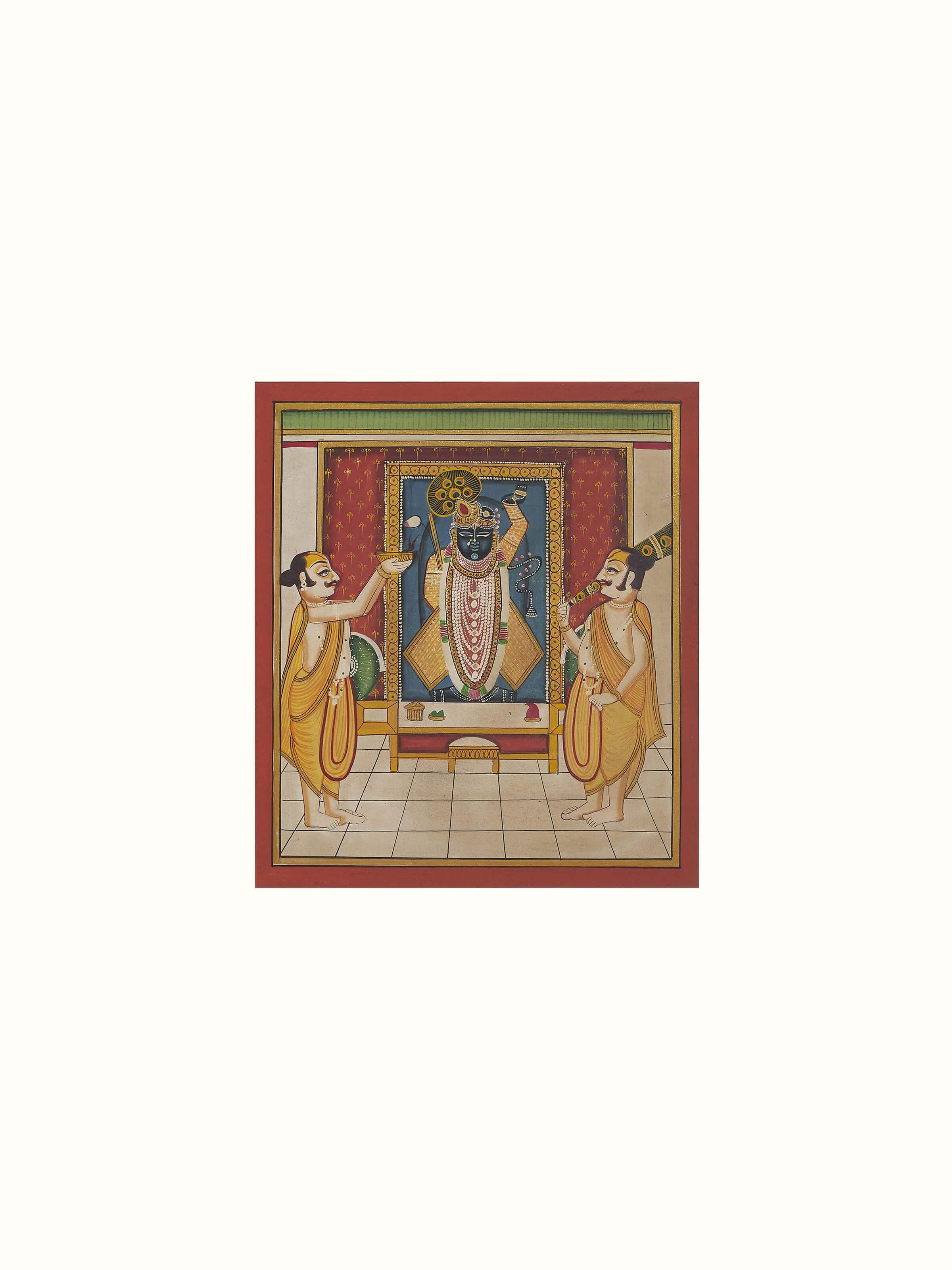Full view of Pichwai Shreenathji & priests painting capturing the complete artwork with vibrant colors.