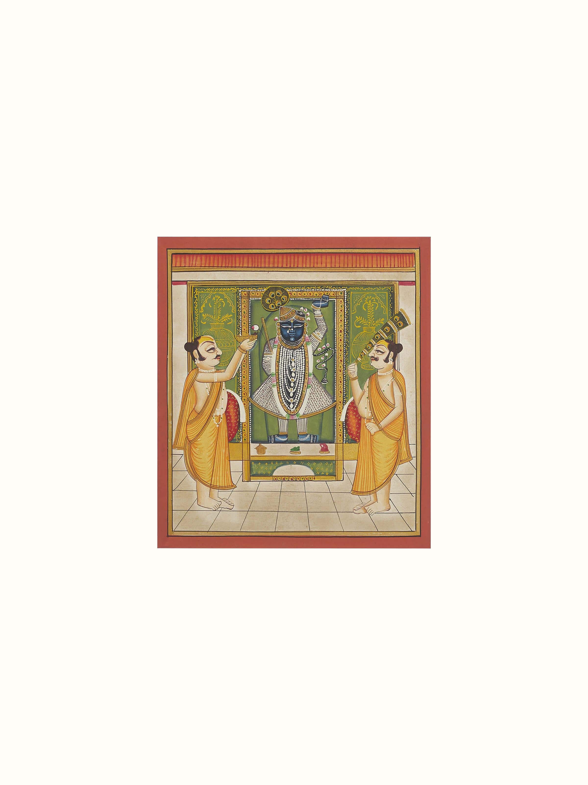 Detailed view of Pichwai Shreenathji & priests painting showcasing traditional art with religious figures.