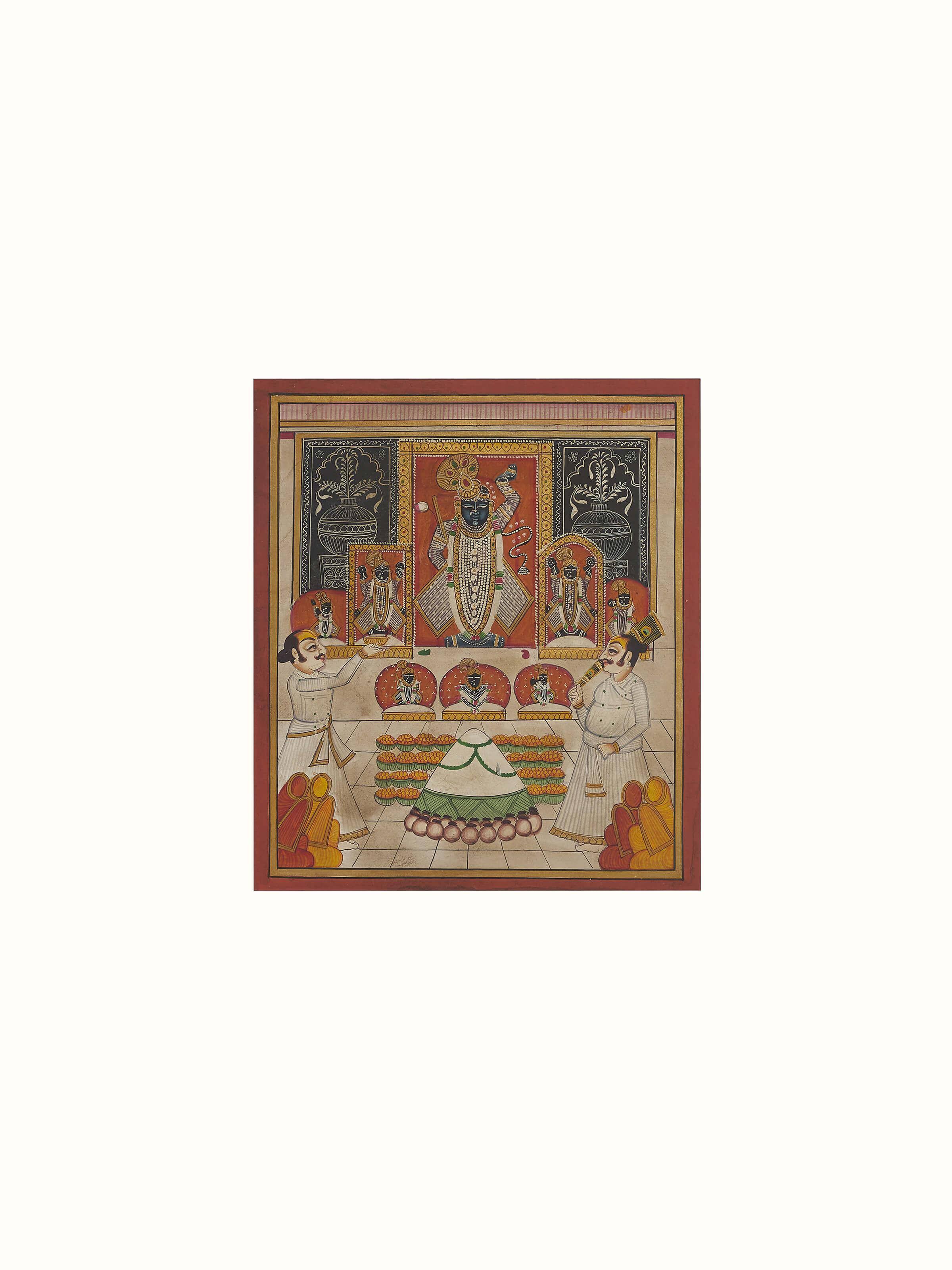 Close-up of Pichwai Shreenathji & priests painting highlighting intricate details and traditional colors.