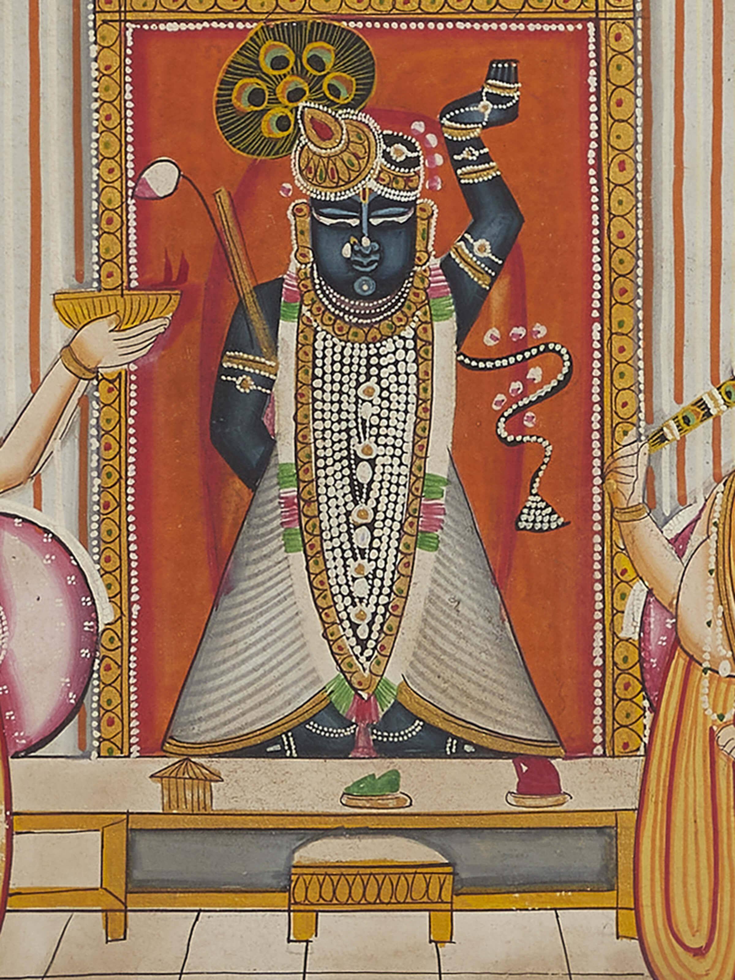 Full view of Pichwai Shreenathji & priests painting capturing the essence of the religious depiction.