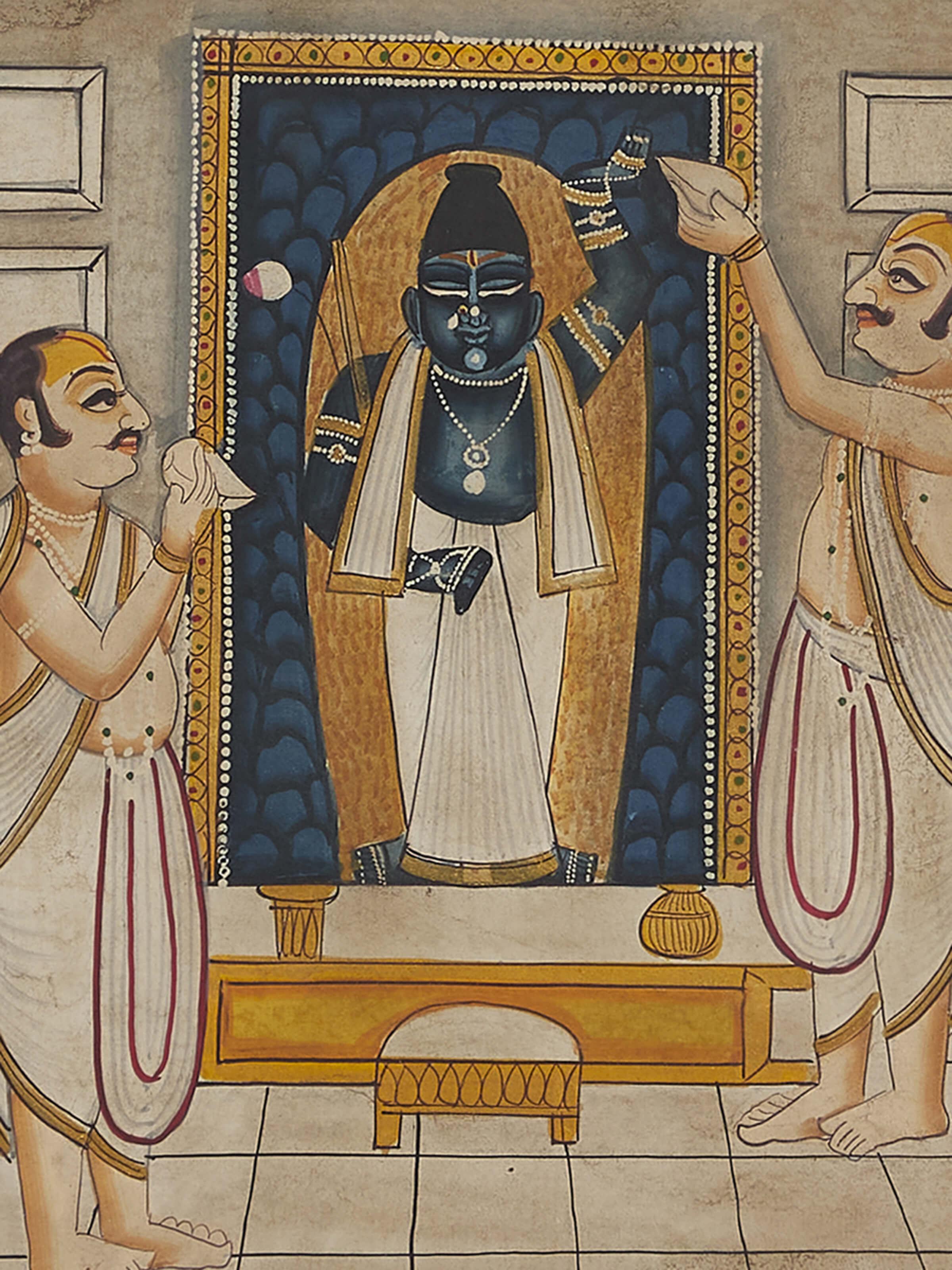Close-up of Pichwai Shreenathji & priests painting with intricate detailing of Shreenathji’s attire.
