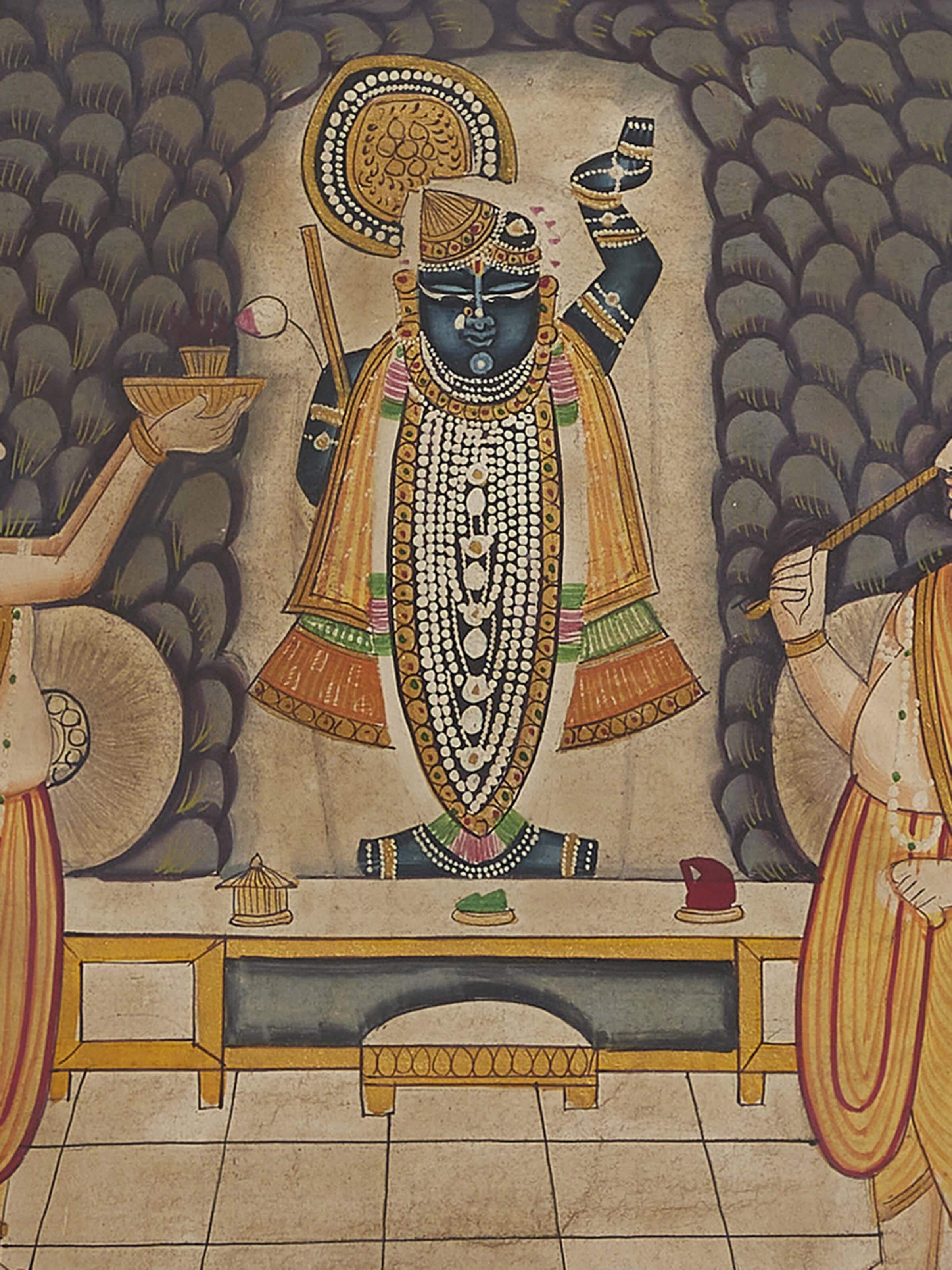 Detailed angle view of Pichwai Shreenathji & priests painting showcasing traditional religious figures.