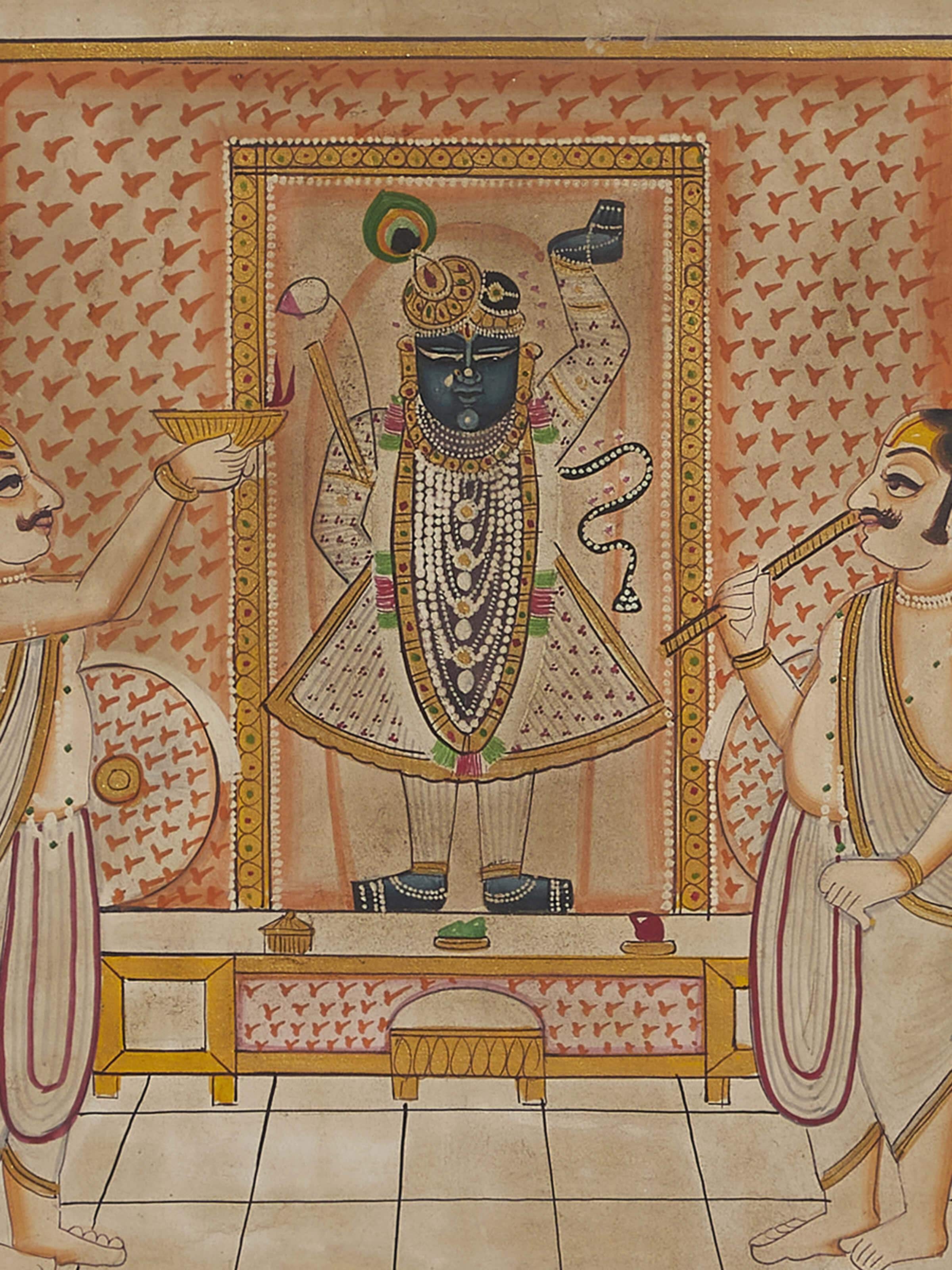 Full view of Pichwai Shreenathji & priests painting capturing the detailed religious scene.