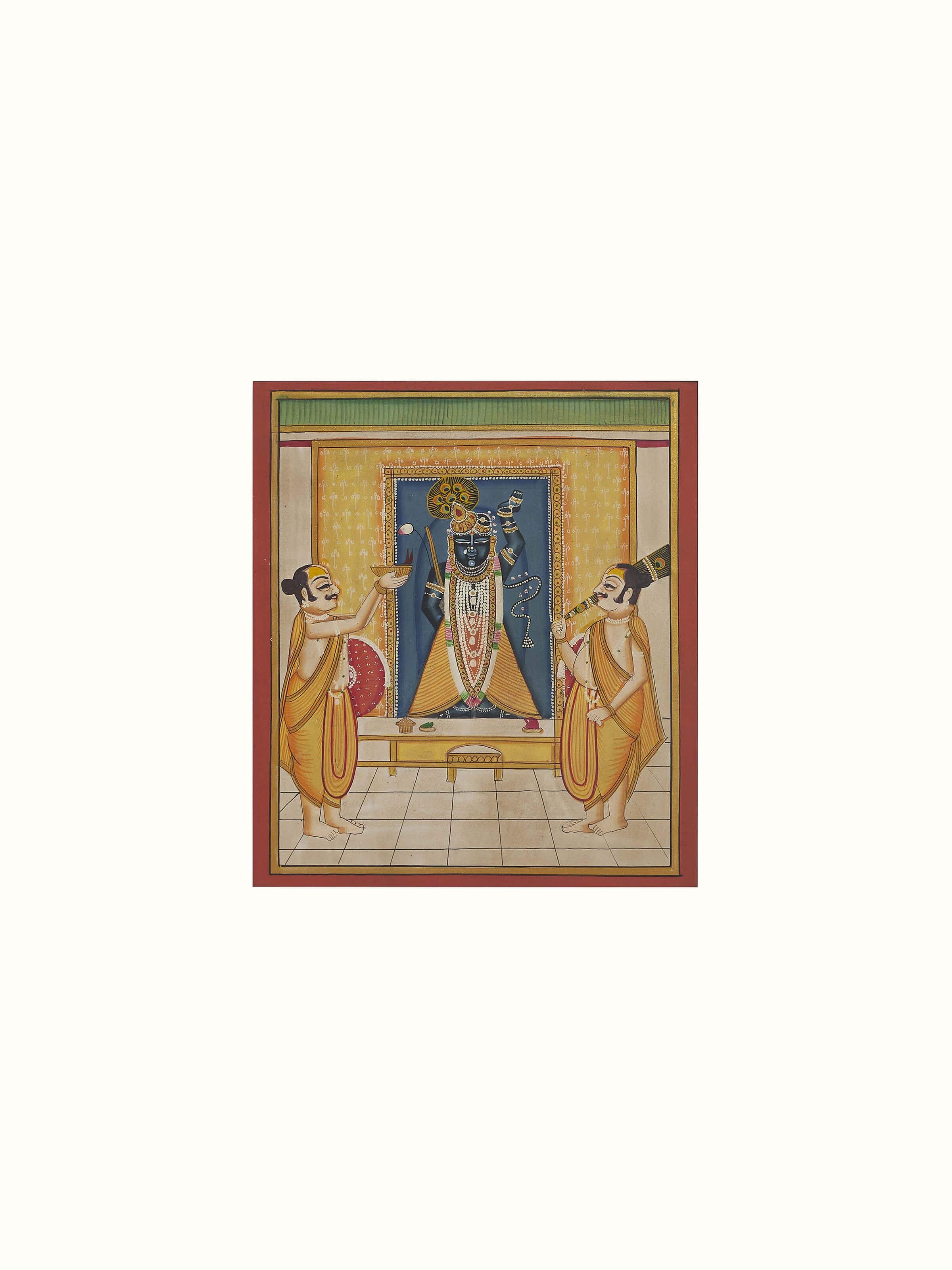 Angle view of Pichwai Shreenathji & priests painting capturing the traditional depiction of Shreenathji.