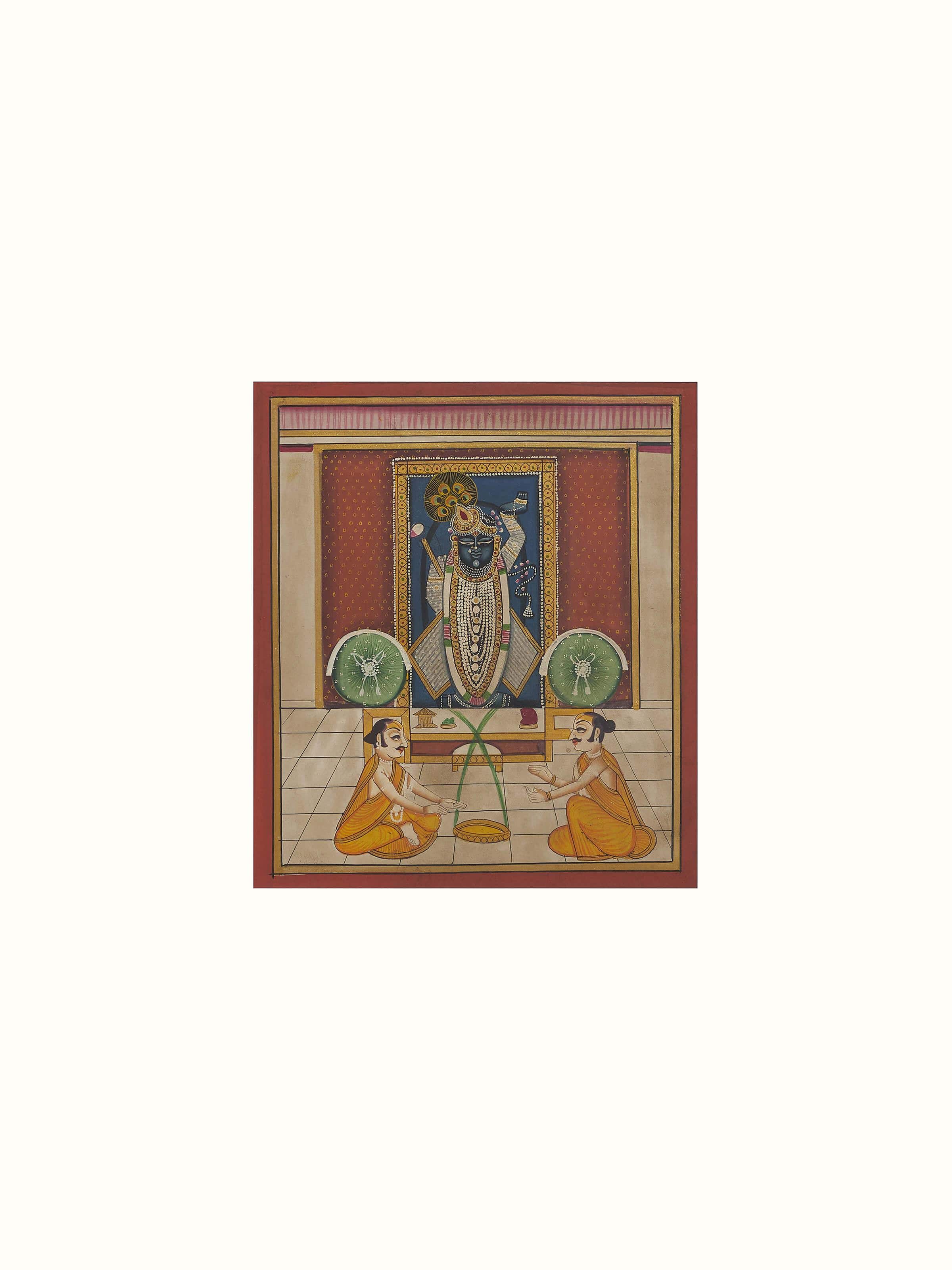 Detailed shot of Pichwai Shreenathji & priests painting showing the craftsmanship and vibrant colors.
