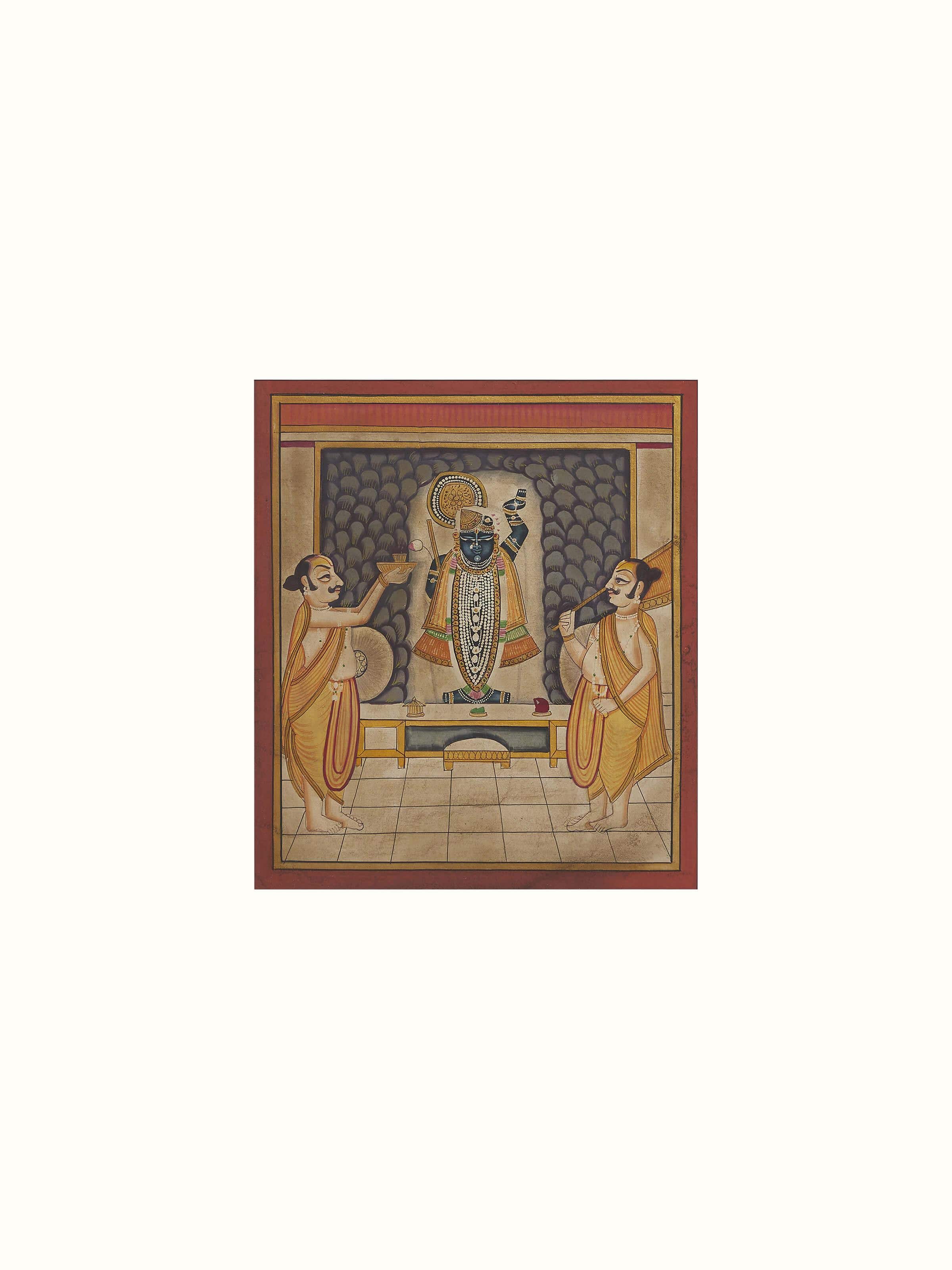 Close-up view of Pichwai Shreenathji & priests painting with emphasis on traditional elements and artwork.