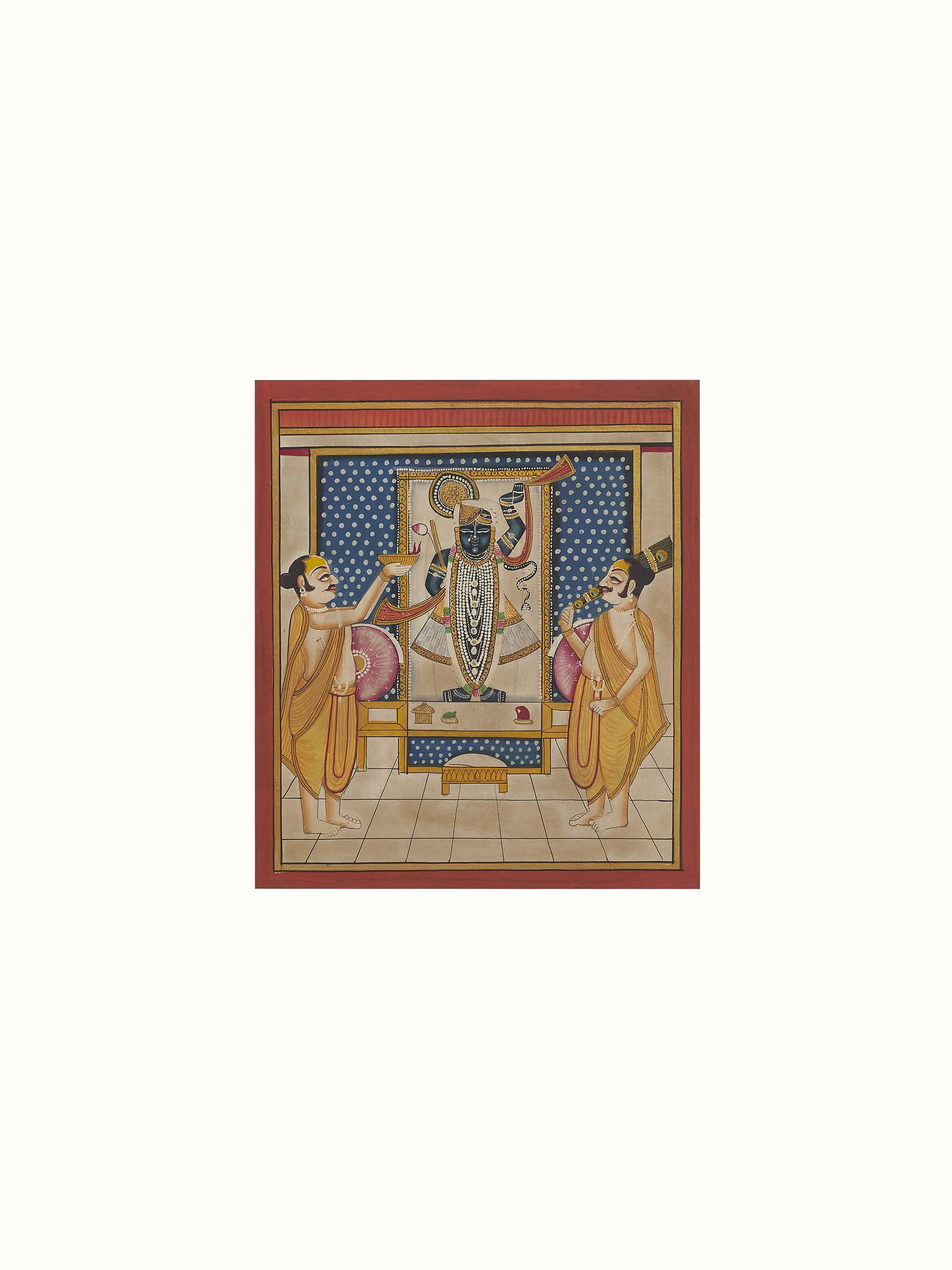 Full view of Pichwai Shreenathji & priests painting depicting religious and cultural themes in fine detail.