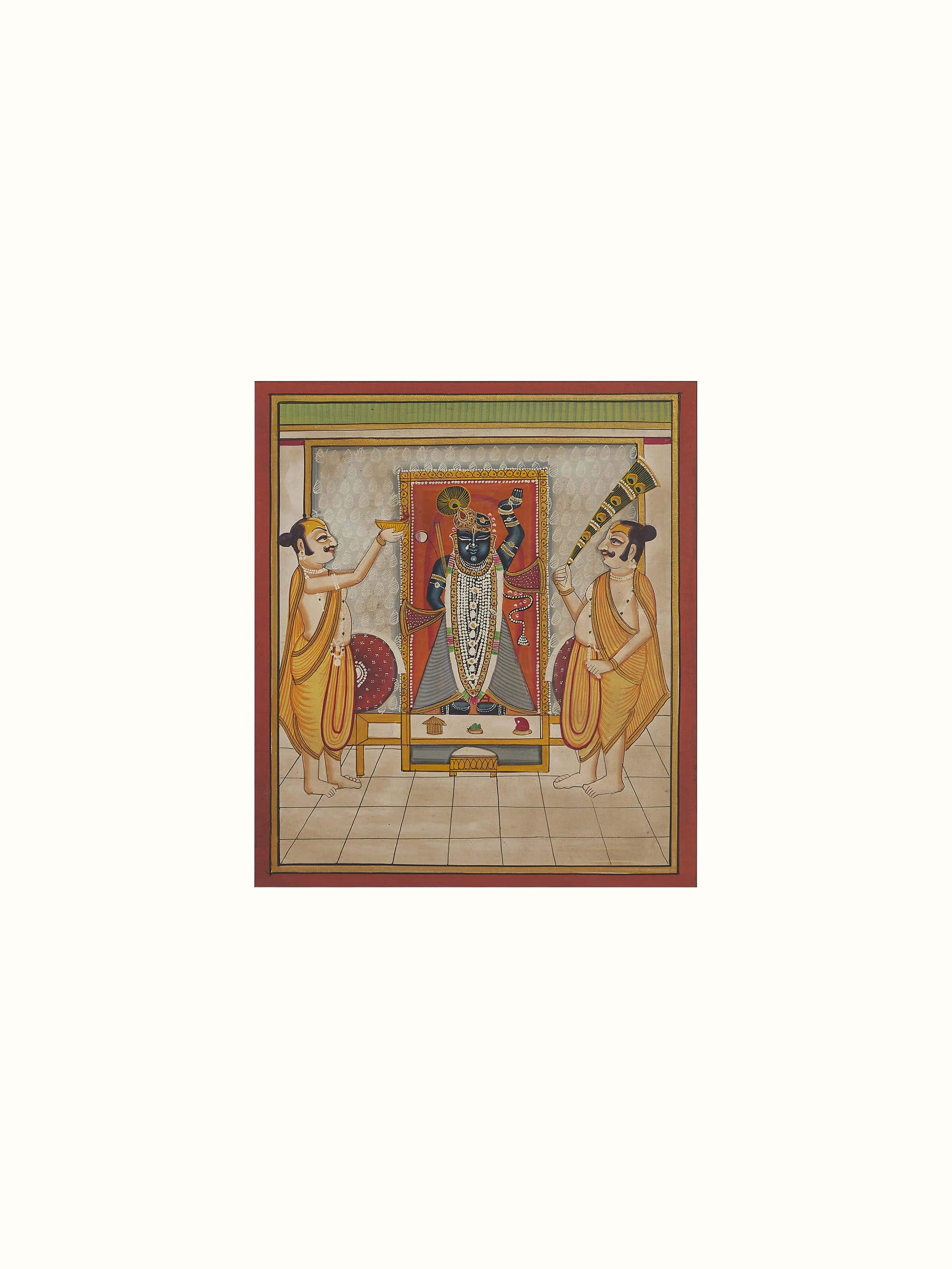 Detailed view of Pichwai Shreenathji & priests painting showcasing traditional motifs and artistic style.