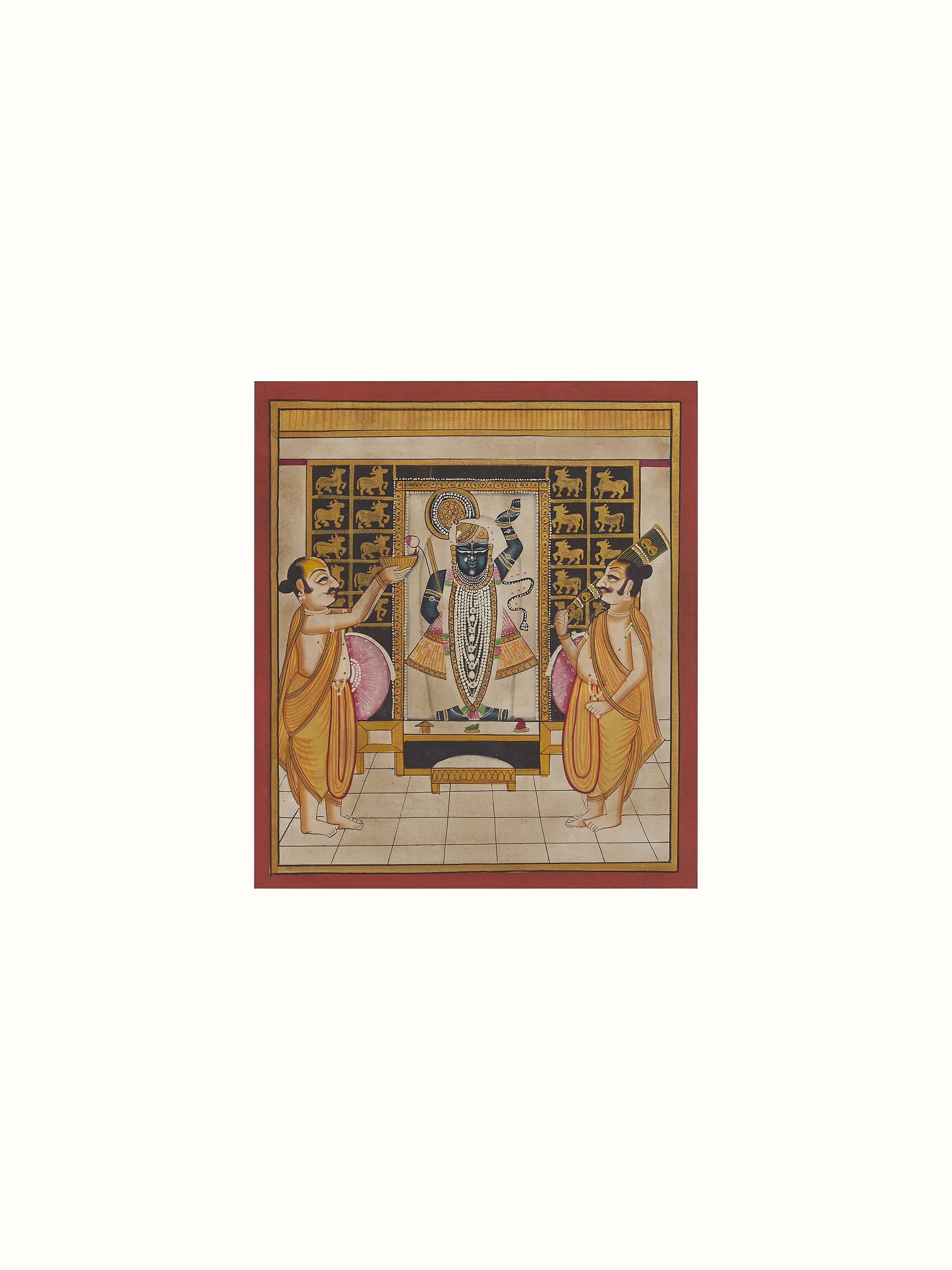 Close-up of Pichwai Shreenathji & priests painting focusing on intricate details and religious figures.