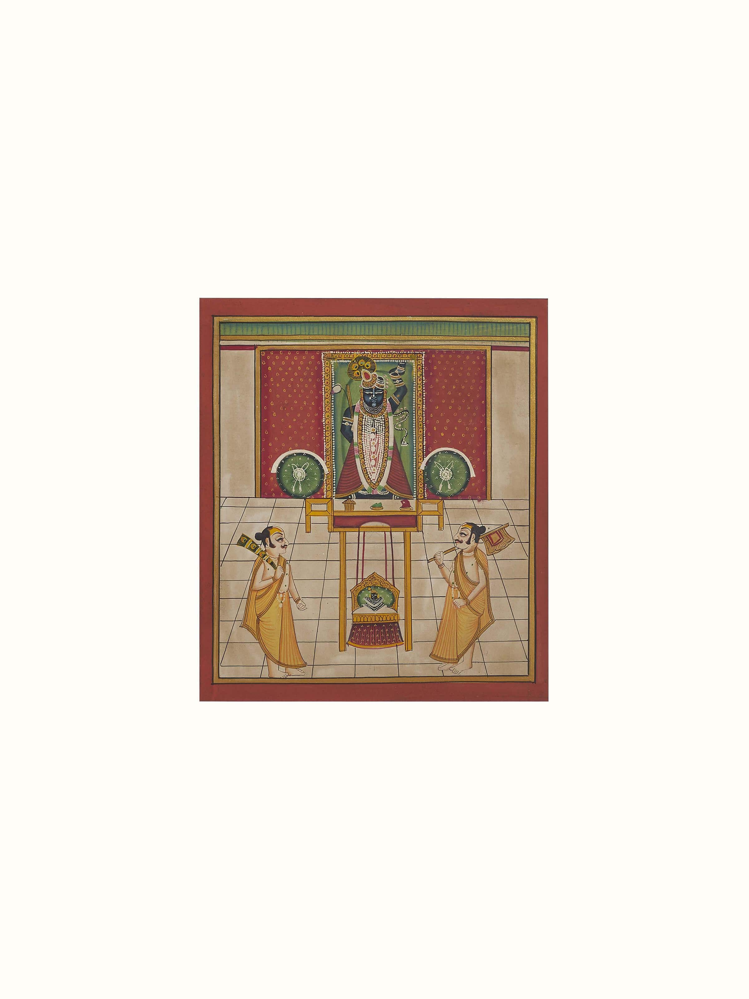 Side view of Pichwai Shreenathji & priests painting displaying the depth and richness of the traditional artwork.