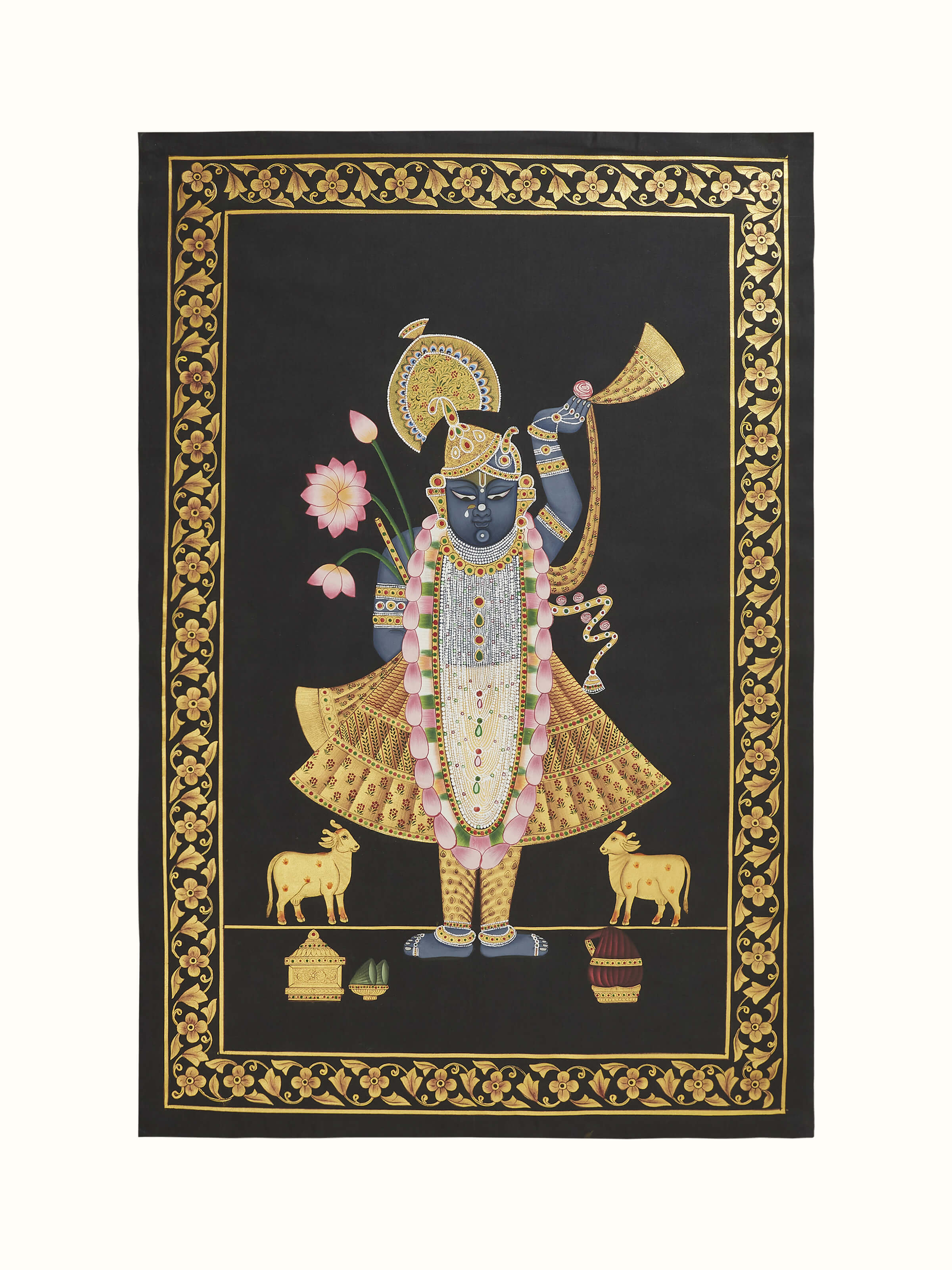Front view of Pichwai Shreenathji & Cows painting depicting the pastoral theme and religious significance with detailed traditional art.