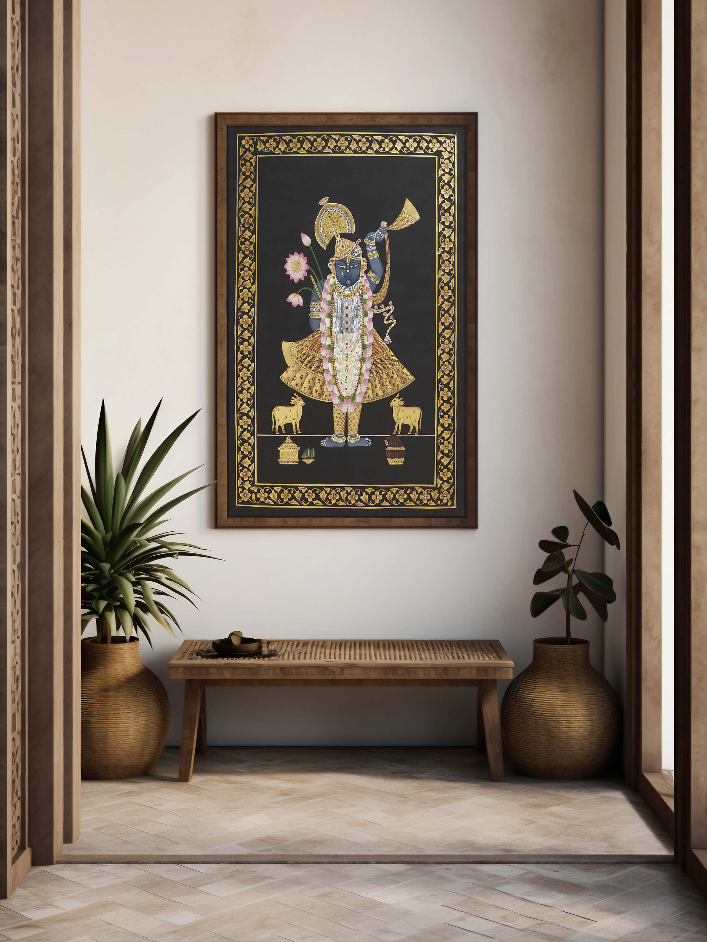 Left side view of Pichwai Shreenathji & Cows painting highlighting the vibrant colors and detailed artwork of Shreenathji surrounded by cows.