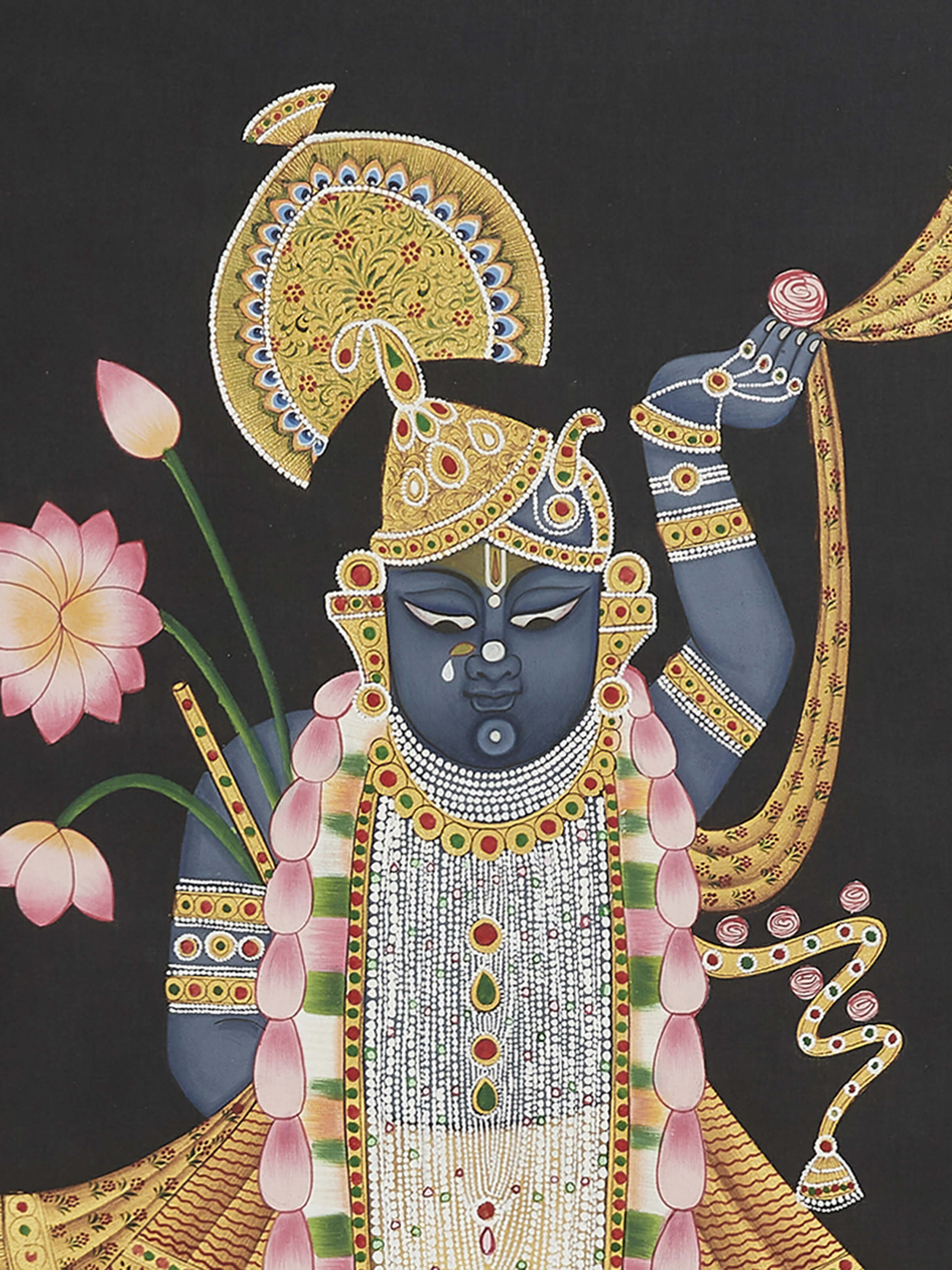 Close-up of Pichwai Shreenathji & Cows painting focusing on the intricate details of the cows and the deity's serene expression.