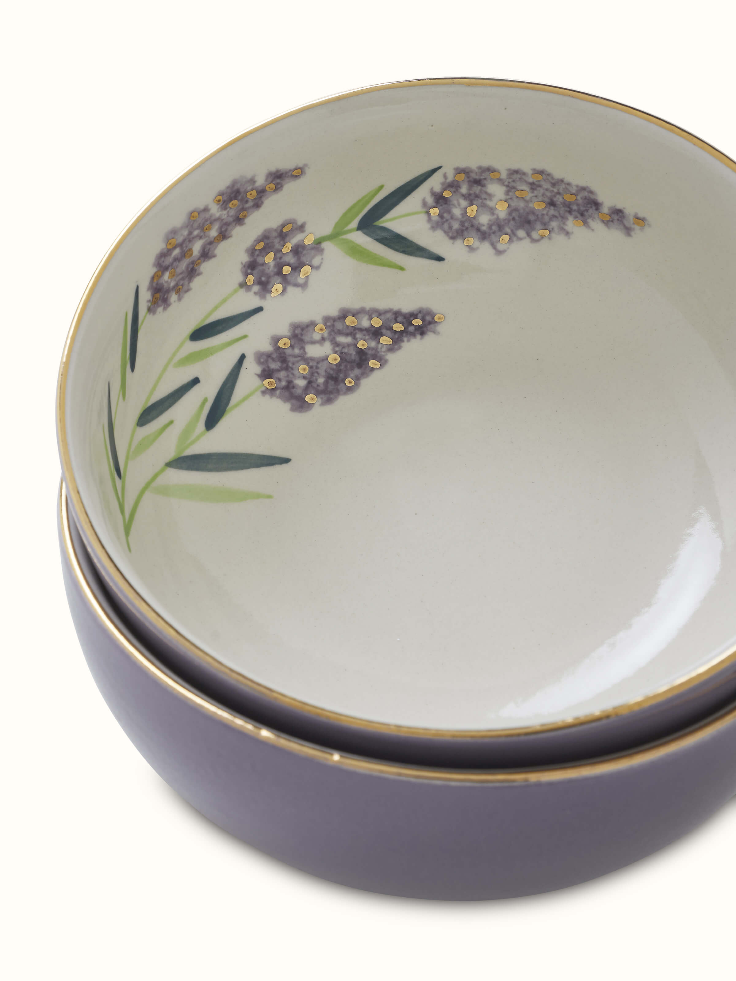 Angled view of Khurja pottery stoneware serving bowls (2 pcs) featuring artistic design