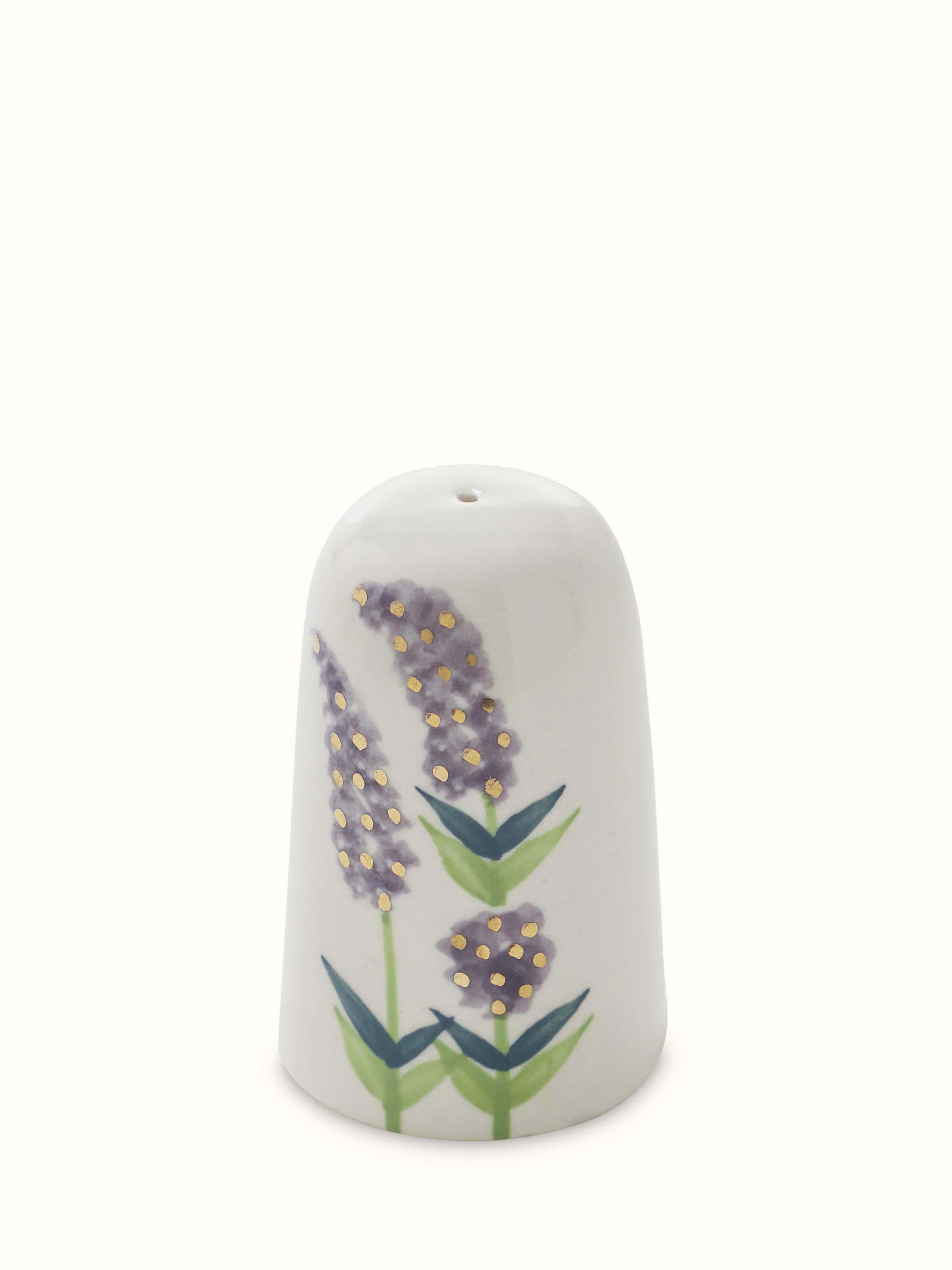 Angled view of Khurja pottery stoneware salt & pepper shaker set, showcasing the functional design and decorative details