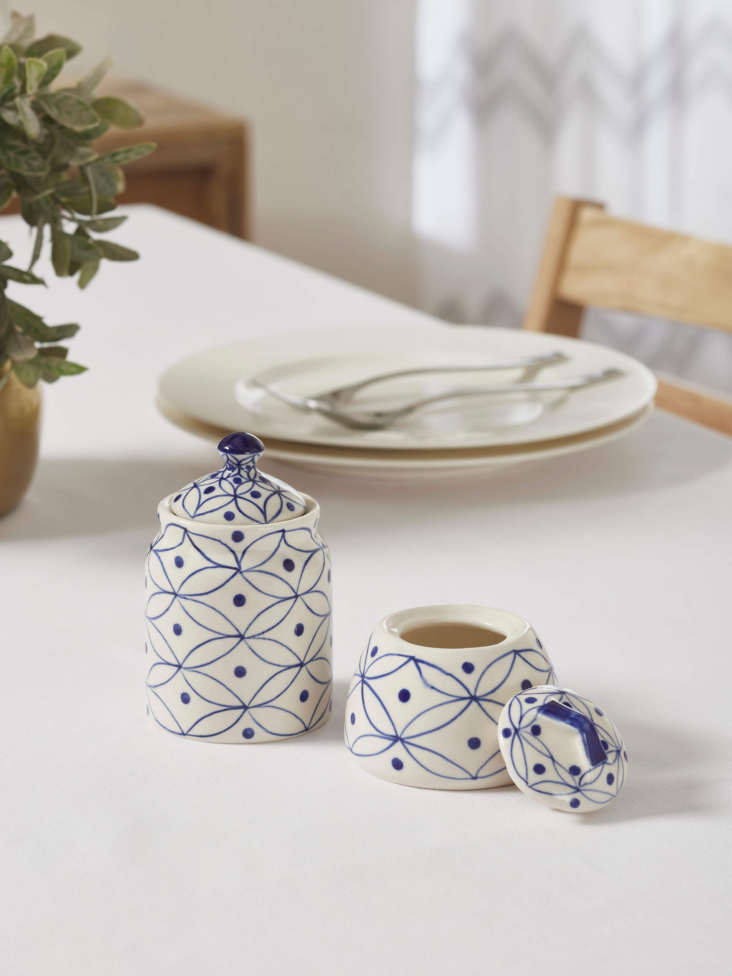 Khurja pottery stoneware demitasse cups showing the intricate patterns and smooth finish.