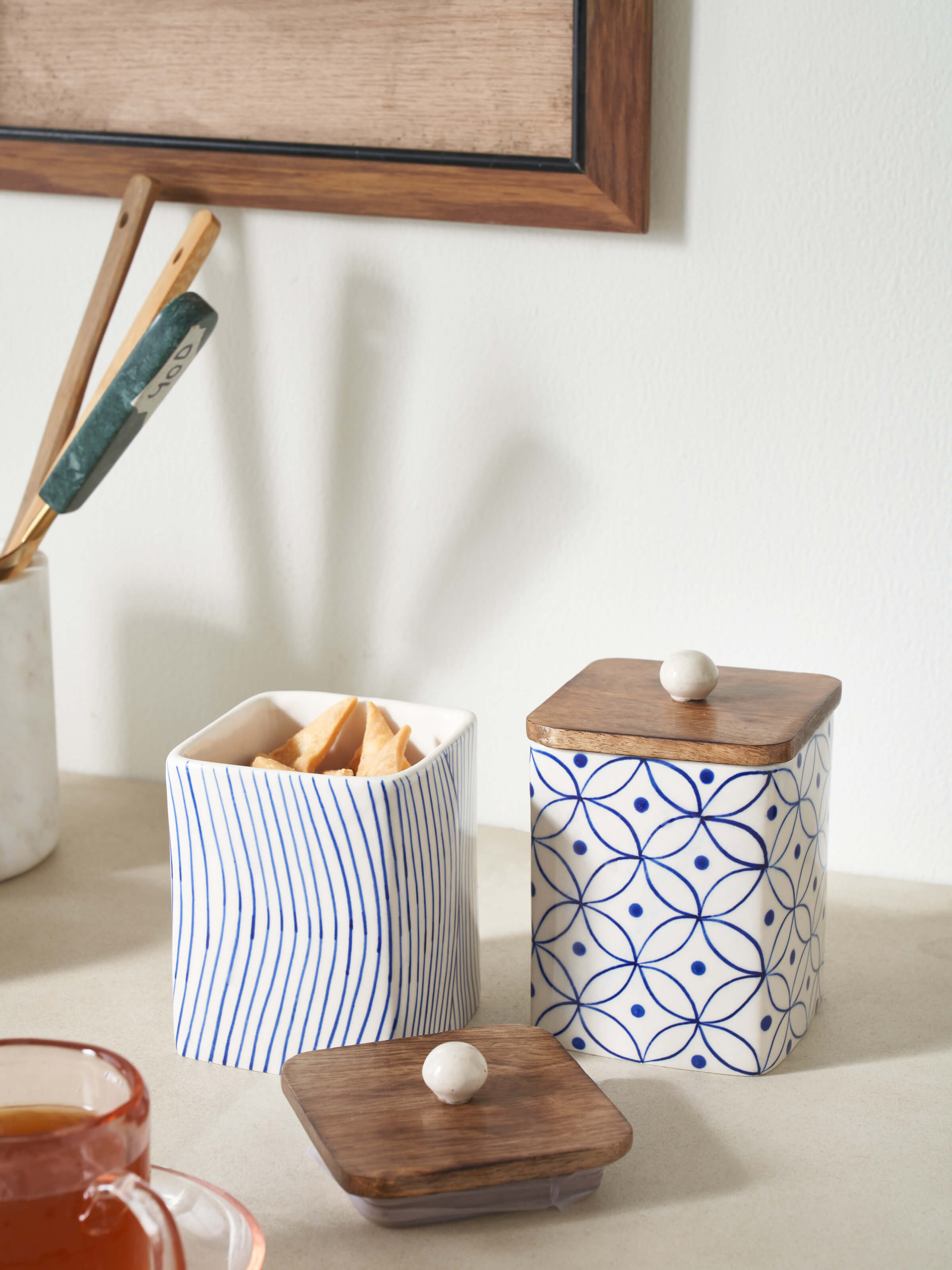 Side view of Khurja pottery stoneware jars (2 pcs) highlighting the traditional pottery style and craftsmanship