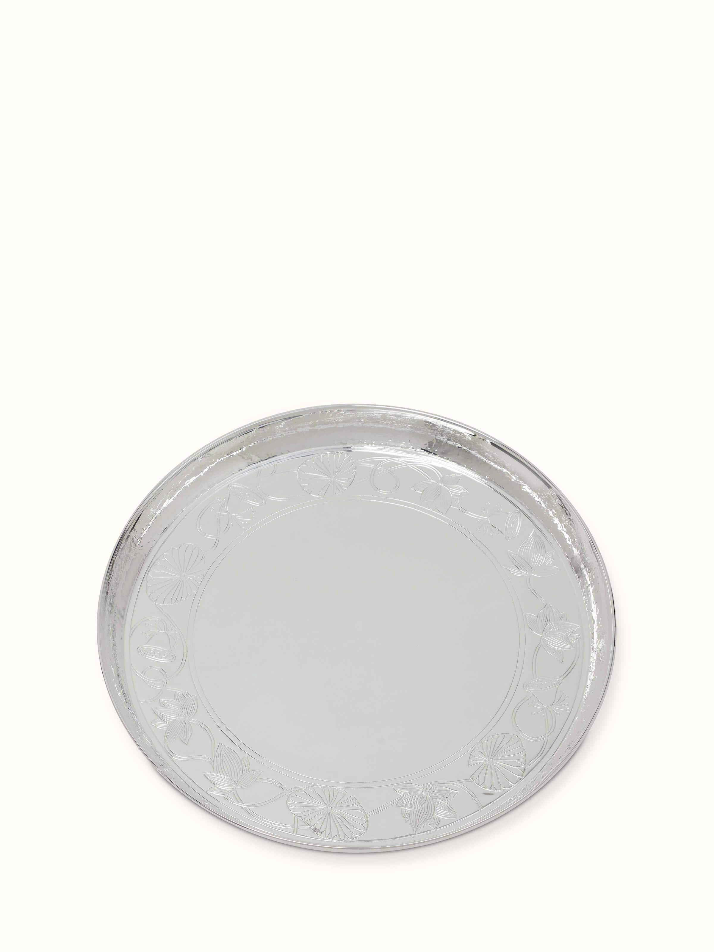 Front view of Silver Lotus Dinner Plate with a shimmering finish