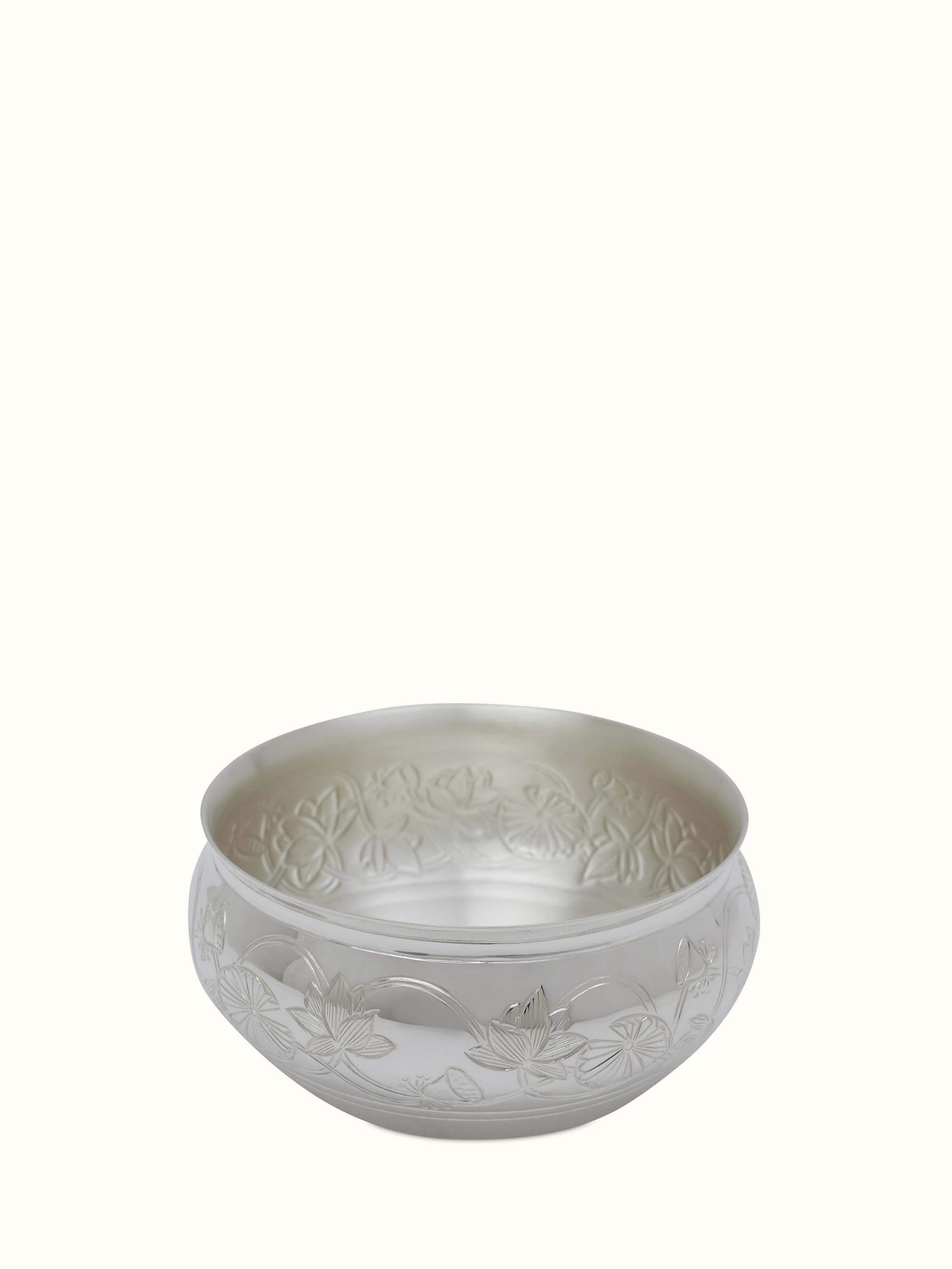 Front view of Silver Lotus Dinner Bowl showcasing its elegant design and shiny finish