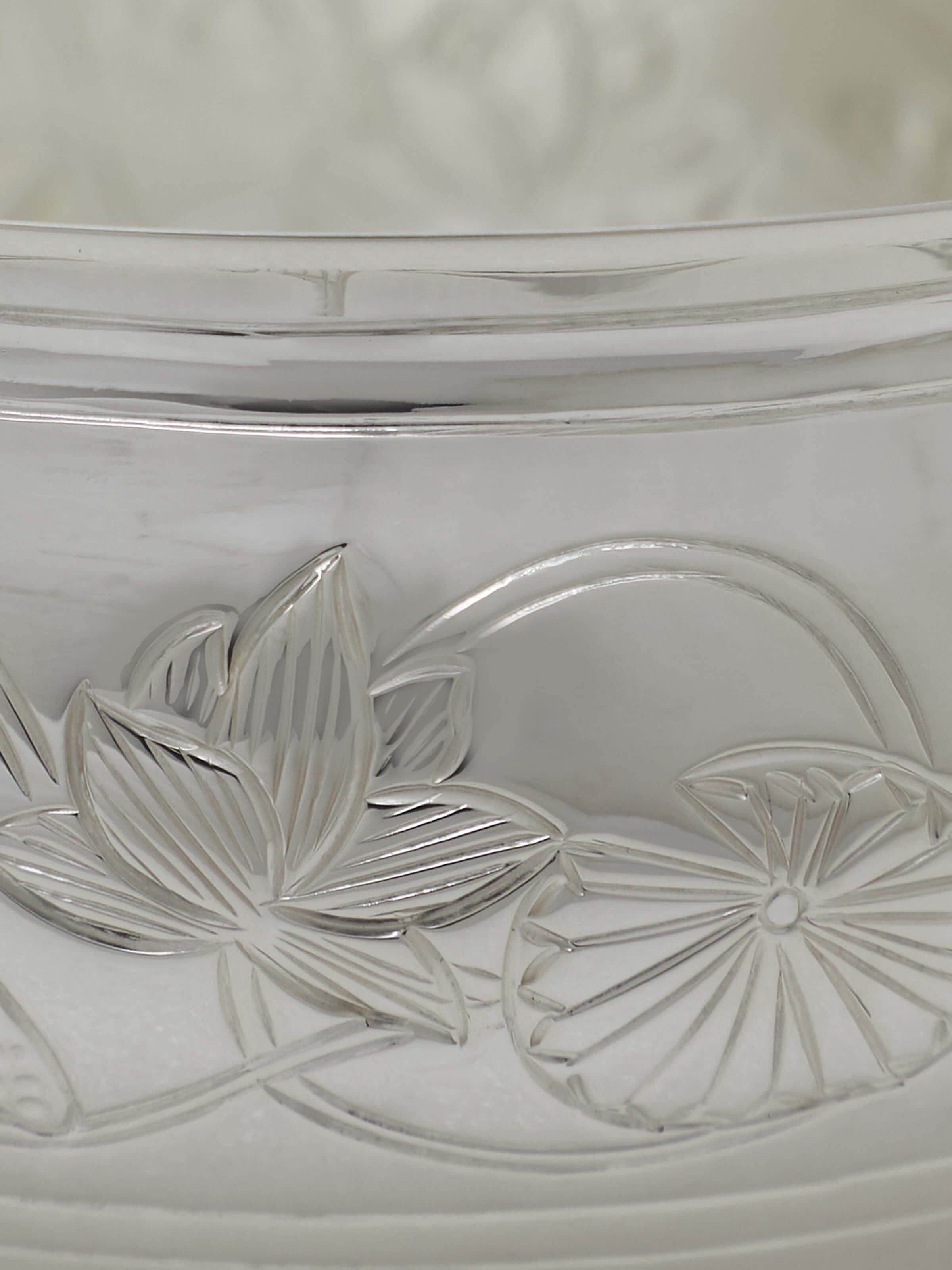Detailed view of Silver Lotus Dinner Bowl focusing on the intricate design