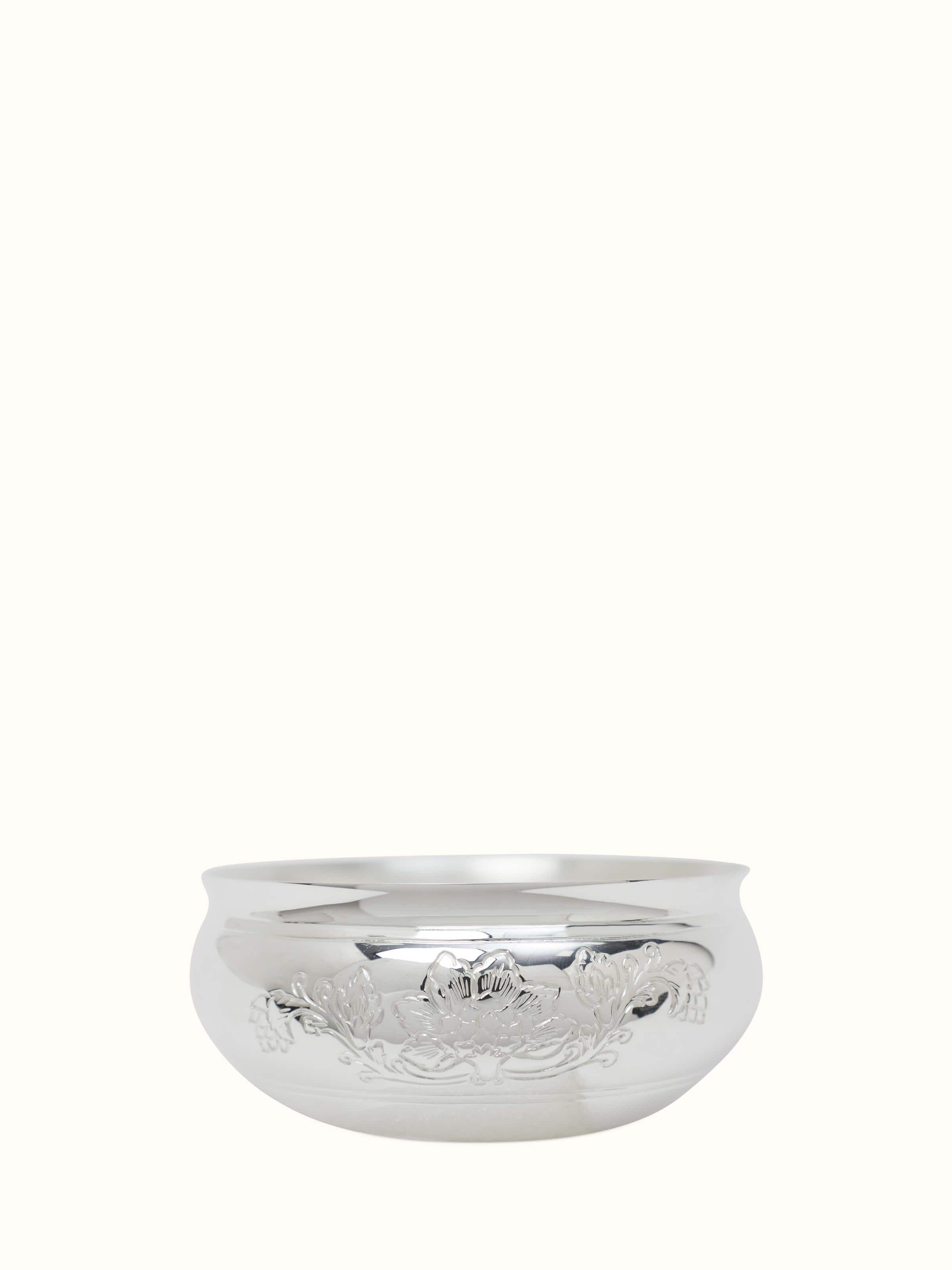 Front view of Kalamkari silver dinner bowl showcasing detailed design