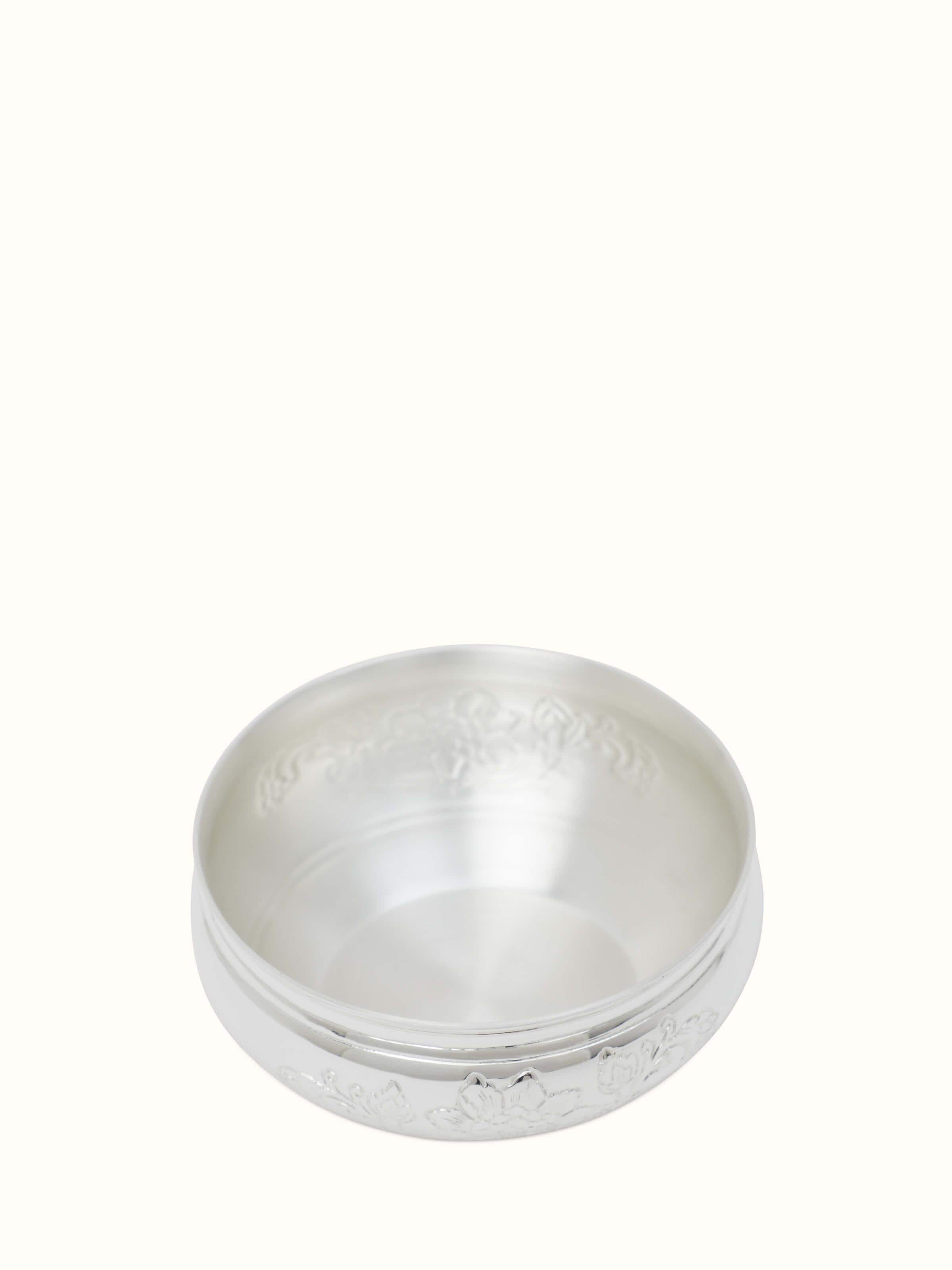 Side view of Kalamkari silver dinner bowl highlighting texture