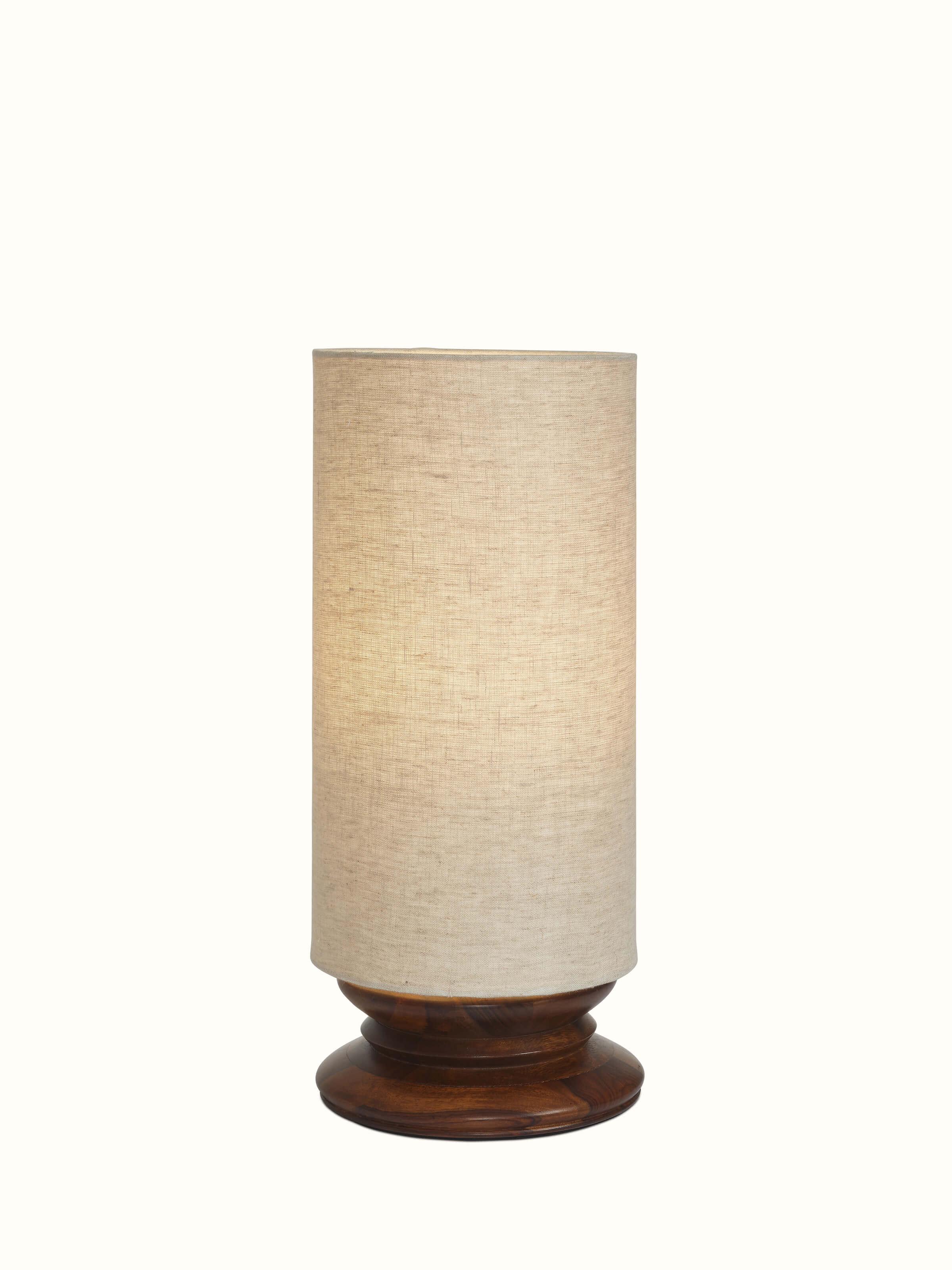 Front view of Wood & Cotton Fabric Table Lamp in Beige Color highlighting its design and shade